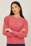 Yumi Pink Knitted Balloon Sleeve Jumper