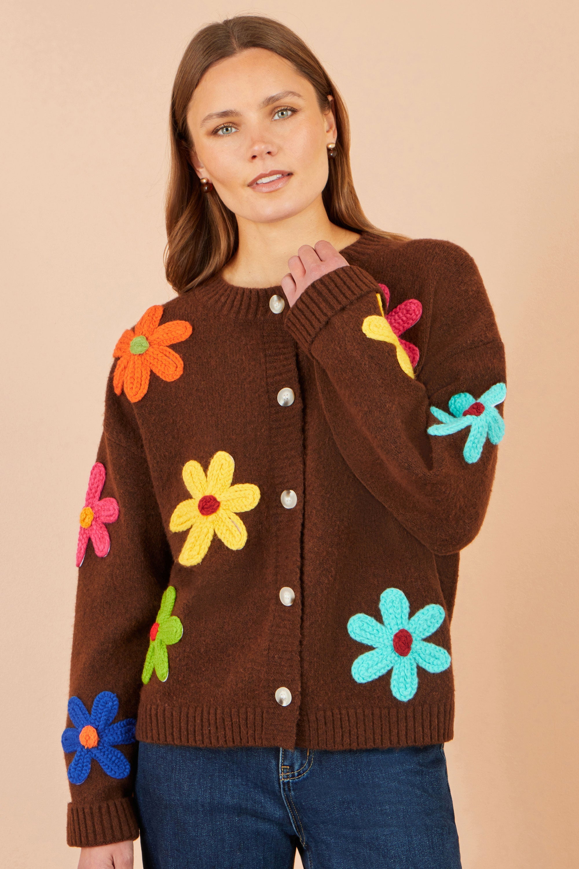 Yumi Brown Knitted Flower Applique Cardigan
