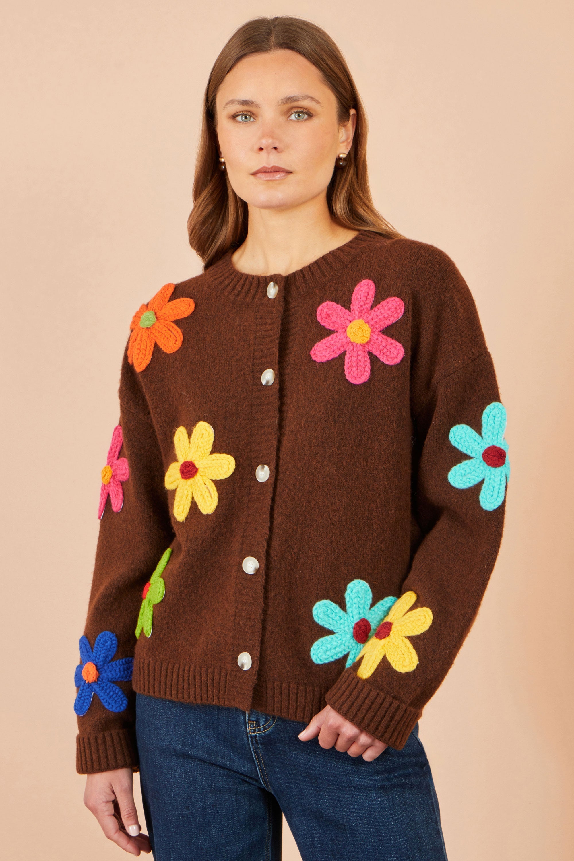 Yumi Brown Knitted Flower Applique Cardigan