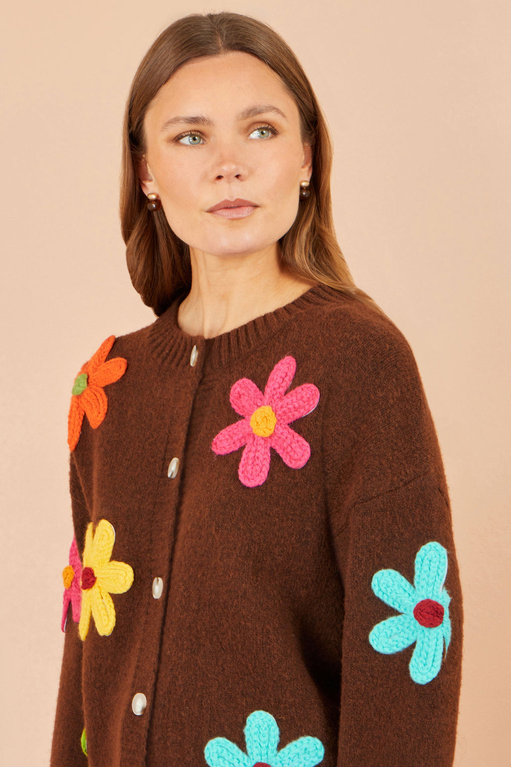 Yumi Brown Knitted Flower Applique Cardigan