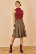 Yumi Brown Pleated Midi Skirt With Matching Belt