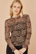 Yumi Brown Leopard Print Mesh Stretch Fitted Top