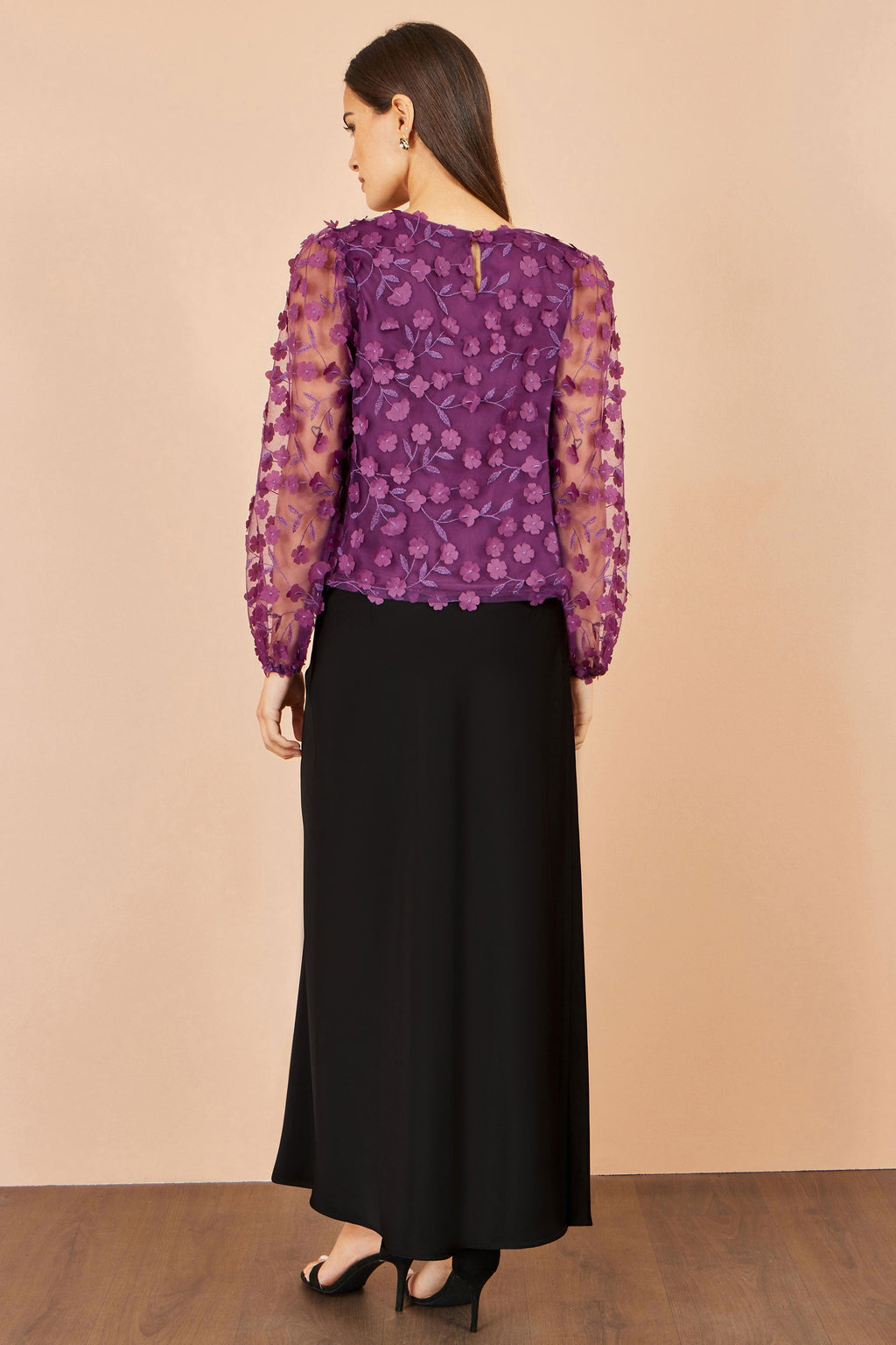 Yumi Plum Sheer Sleeve Applique Flower Top