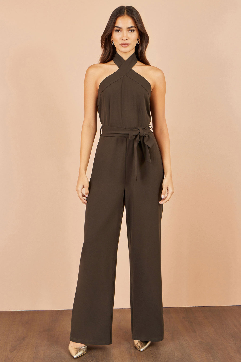 Yumi Brown Cross Over Halter Neck Jumpsuit