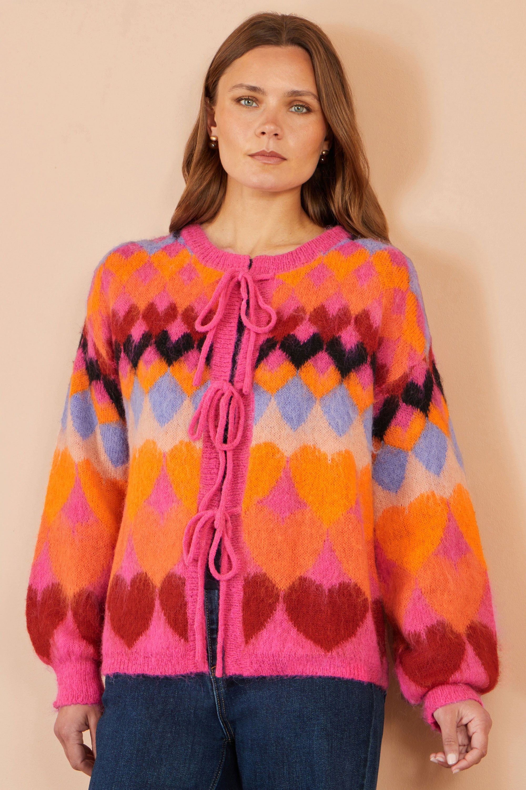 Yumi Pink Tie Front Heart Intarsia Cardigan