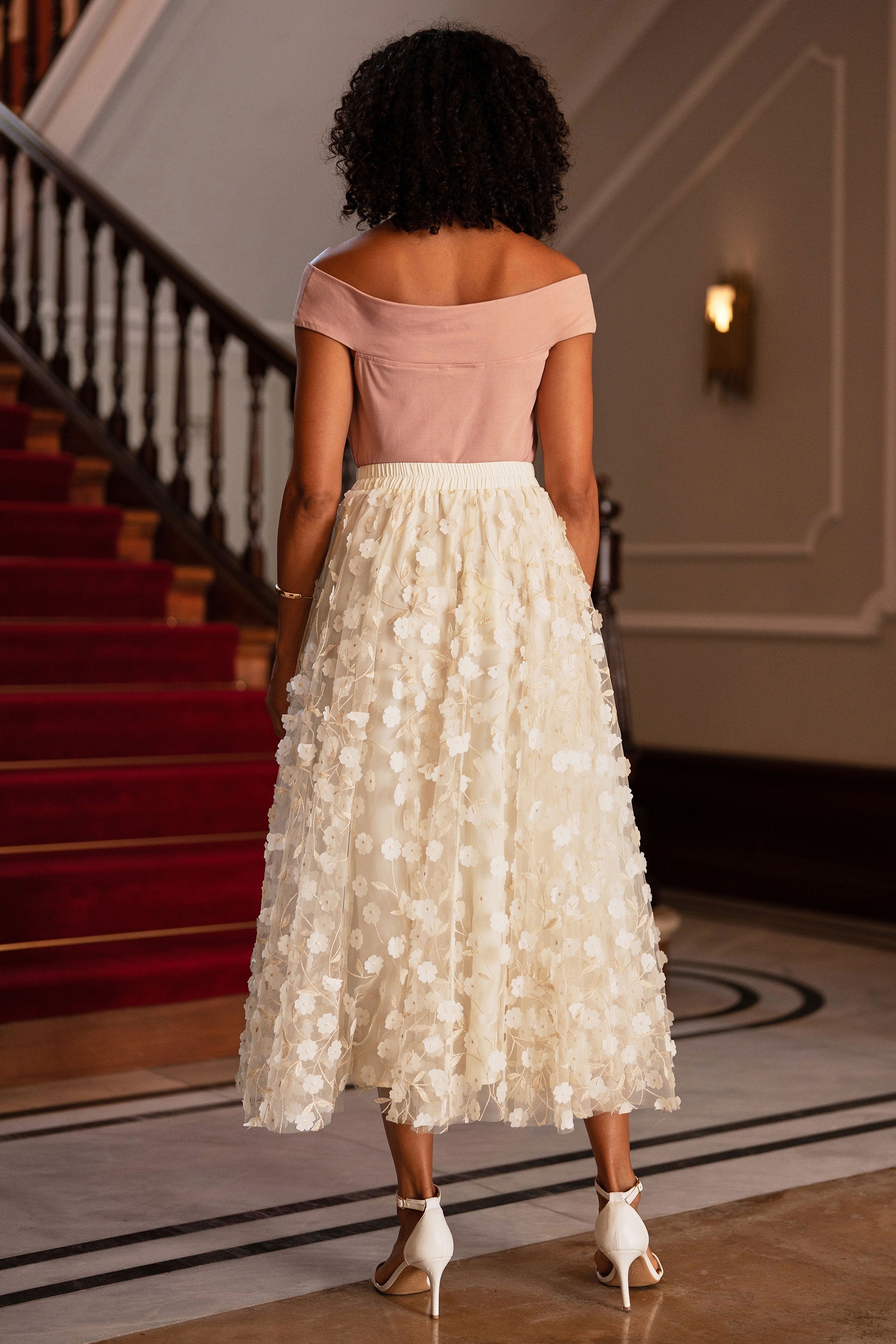 Yumi Ivory Mesh Floral Applique Midi Skirt
