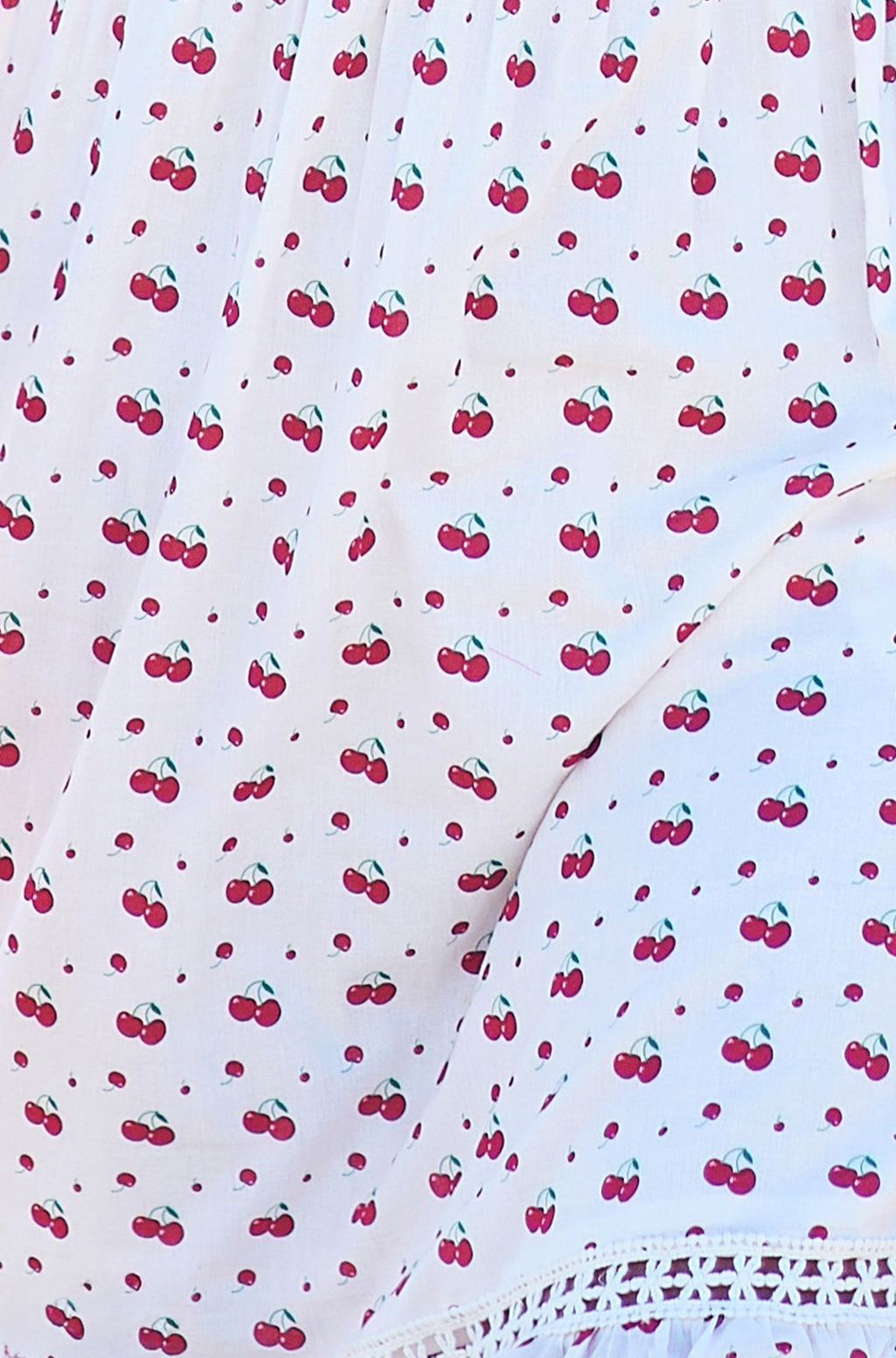 Yumi White Cherry Print Lace Trim Cotton Midi Dress