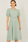 Yumi Mint Skater Dress With Puff Sleeves And Buckle Detail