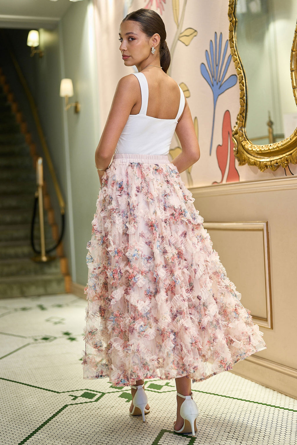 Yumi Ivory Floral Ruffle Mesh Midi Skirt