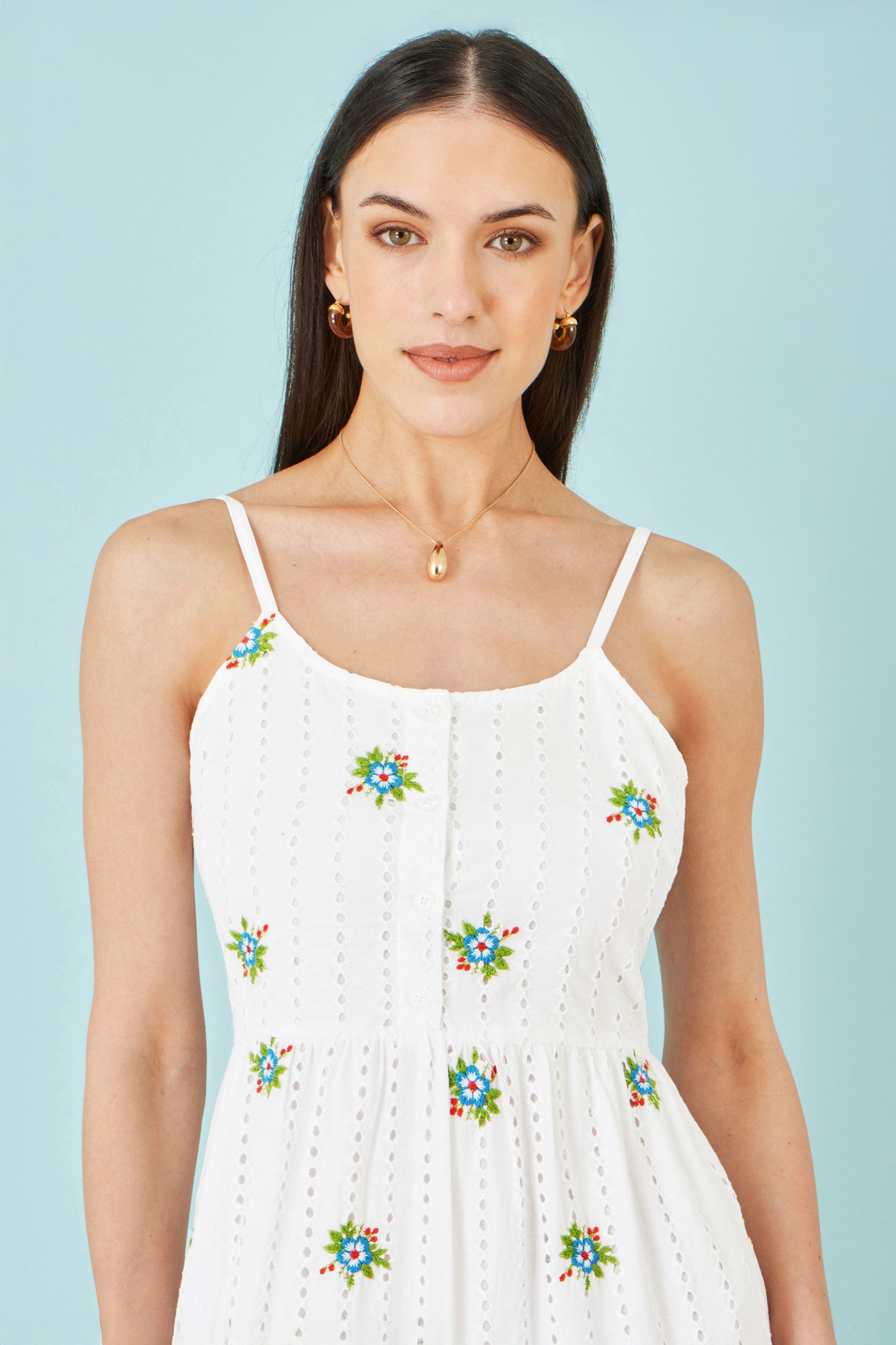 Yumi White Cotton Embroidered Broderie Anglaise Midi Sun Dress