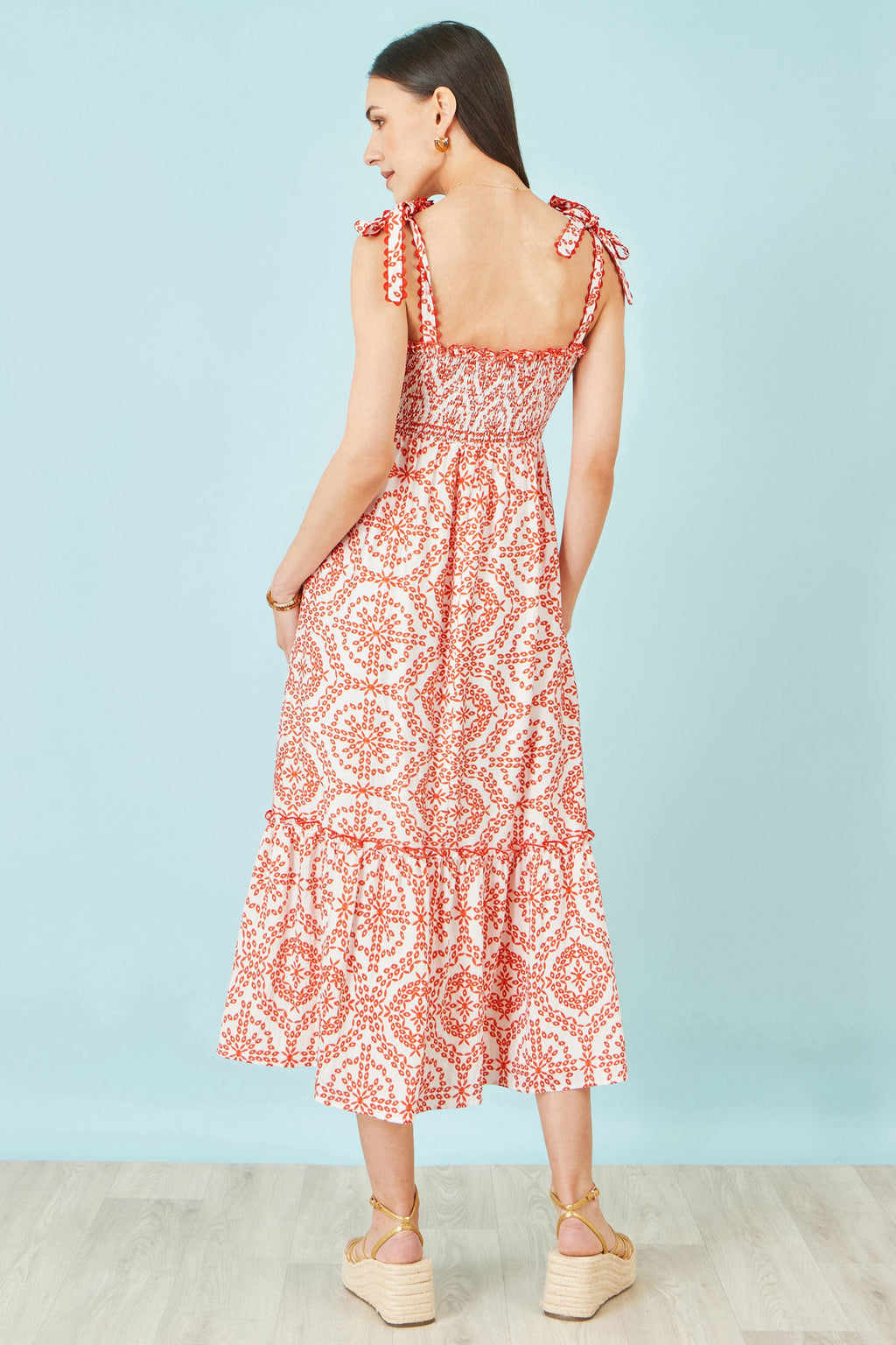 Yumi Red Viscose Ruched Tie Strap Midi Sun Dress