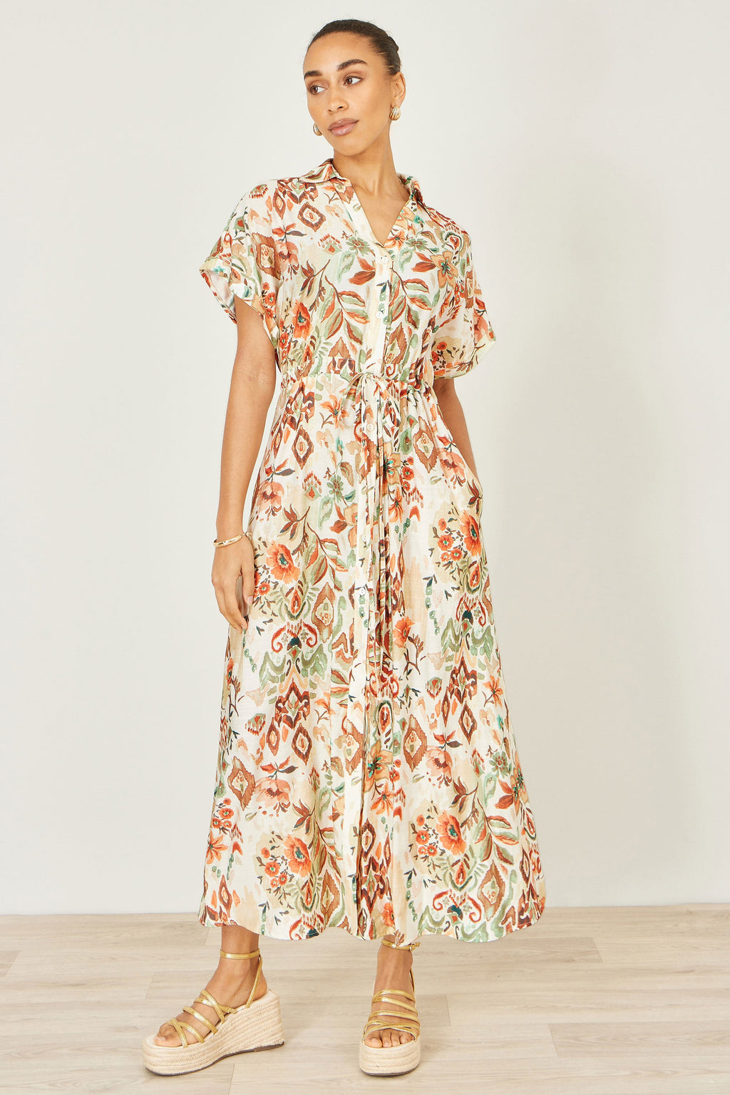 Yumi Ivory Viscose Relaxed Boho Print Maxi Shirt Dress