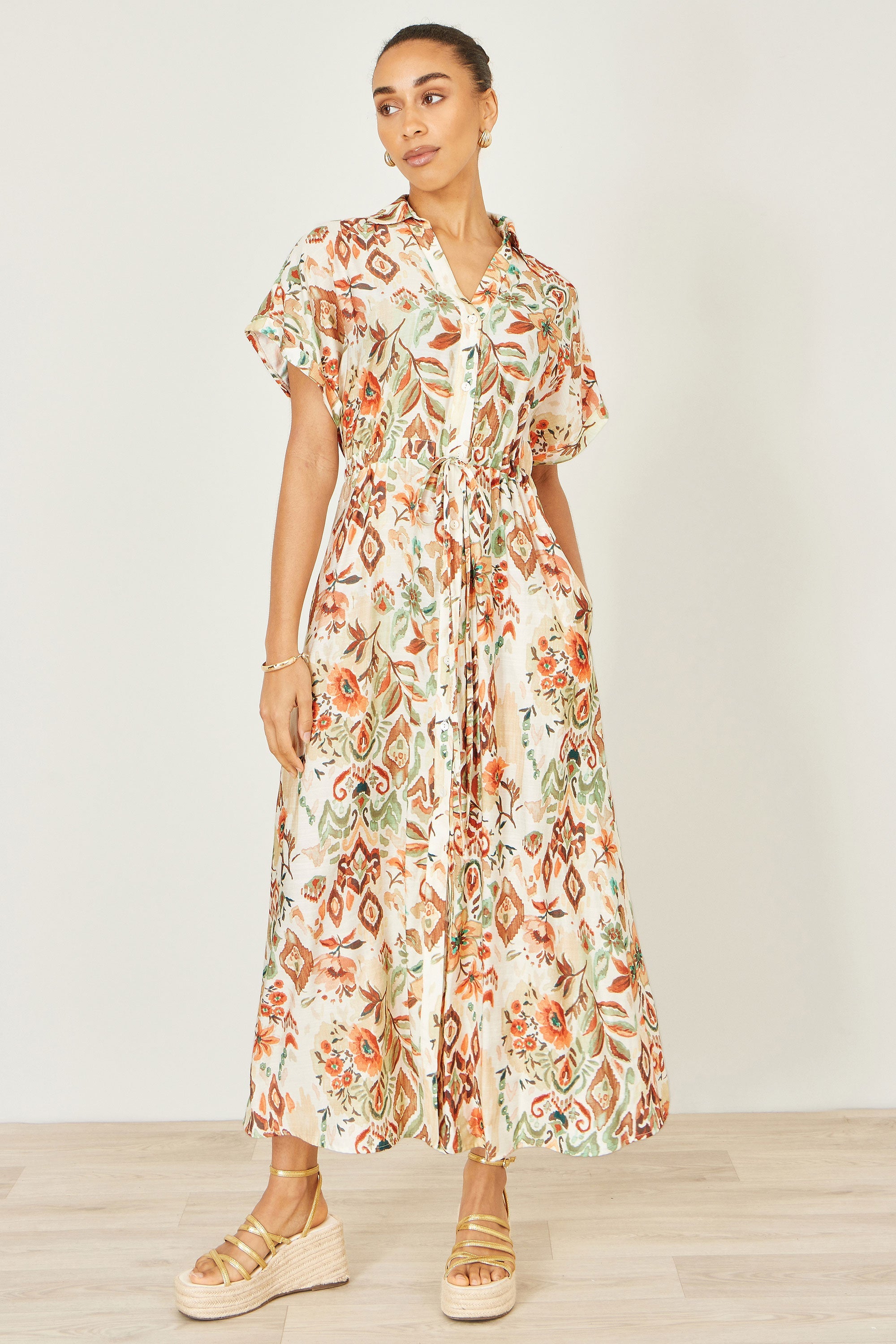 Yumi Ivory Viscose Relaxed Boho Print Maxi Shirt Dress