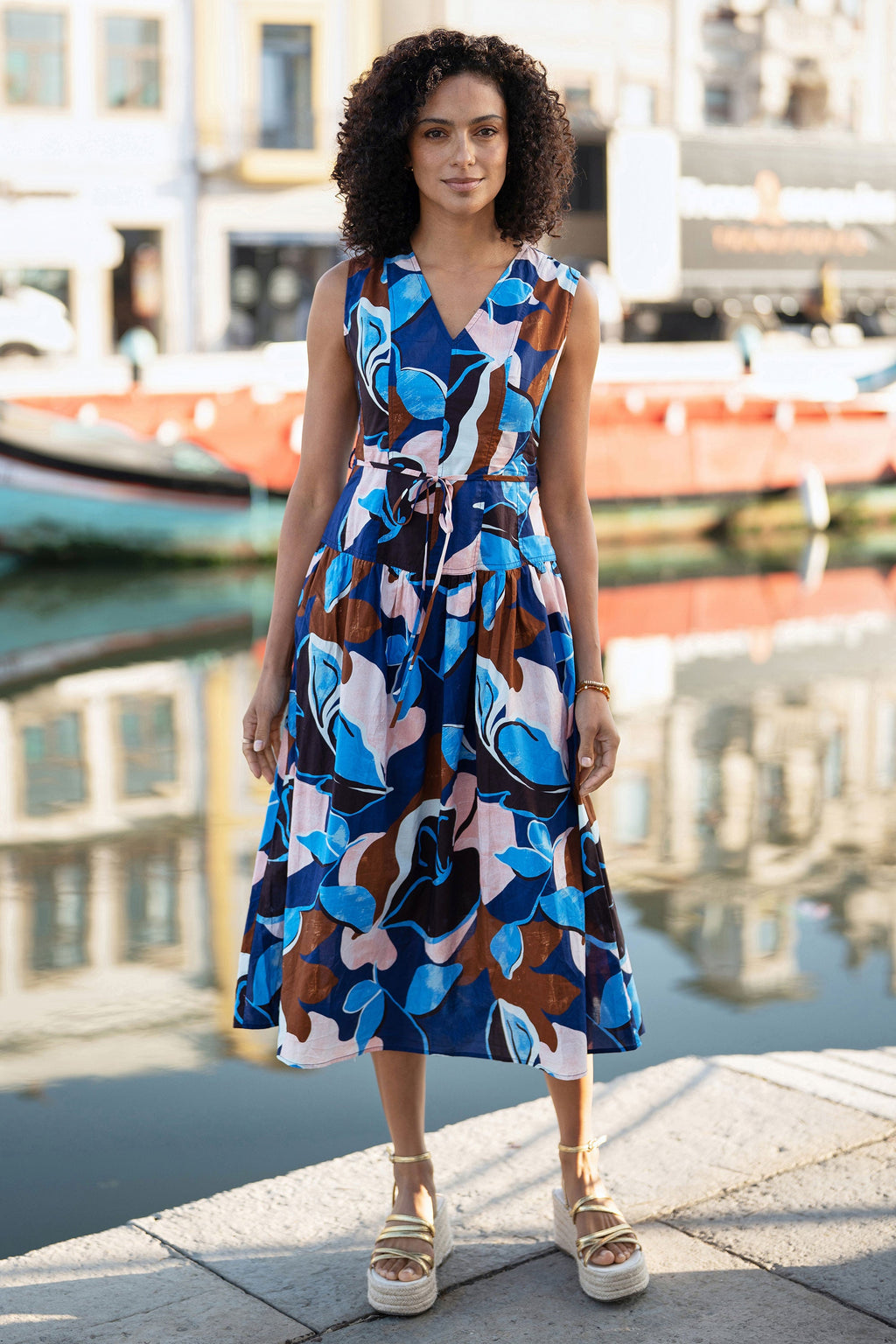Yumi Blue Cotton Floral Abstract Dropped Waist Midi Dress