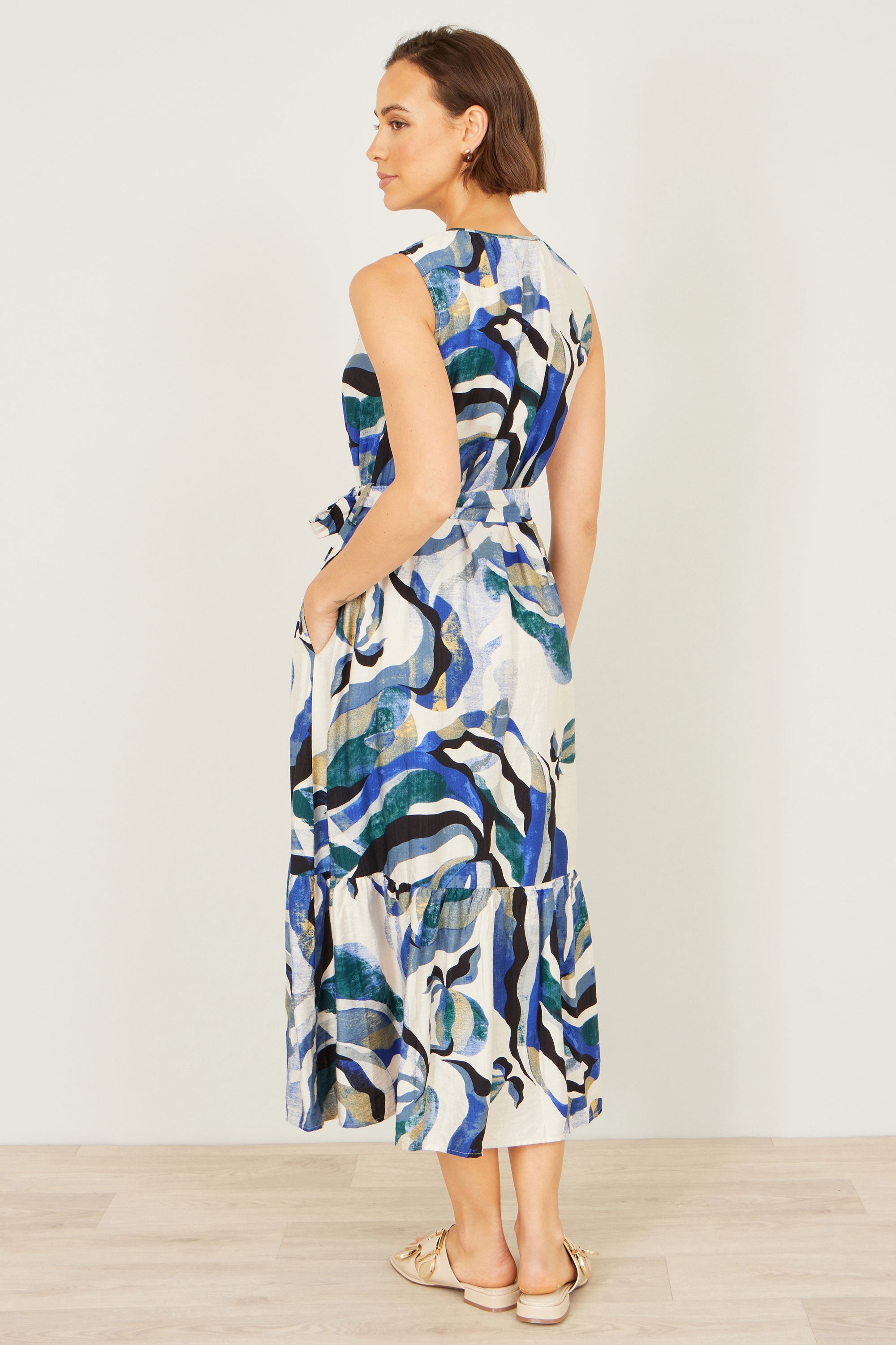 Yumi Blue Viscose Swirl Print Midi Dress