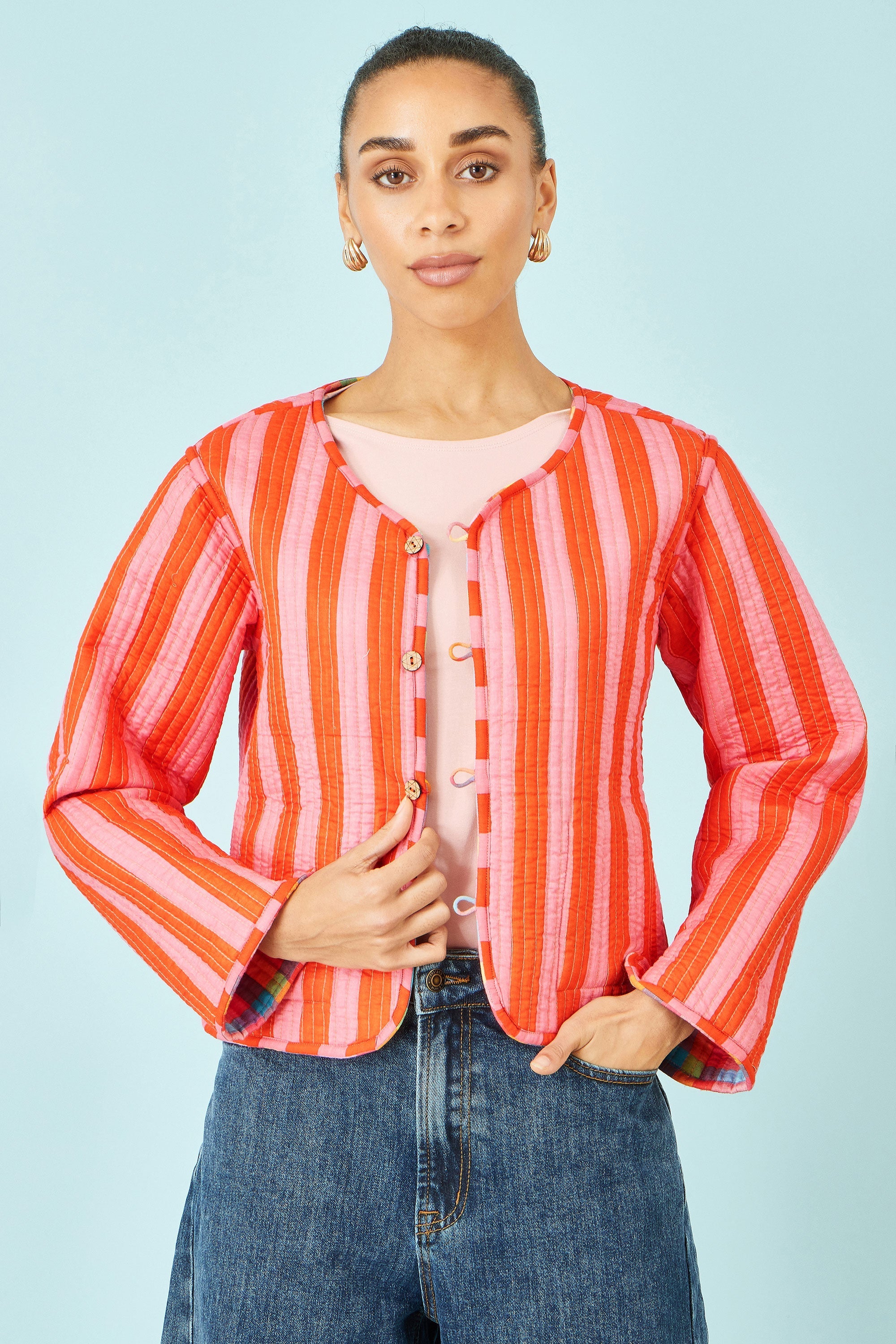 Yumi Multicolour Checked Reversible Cotton Quilted Jacket