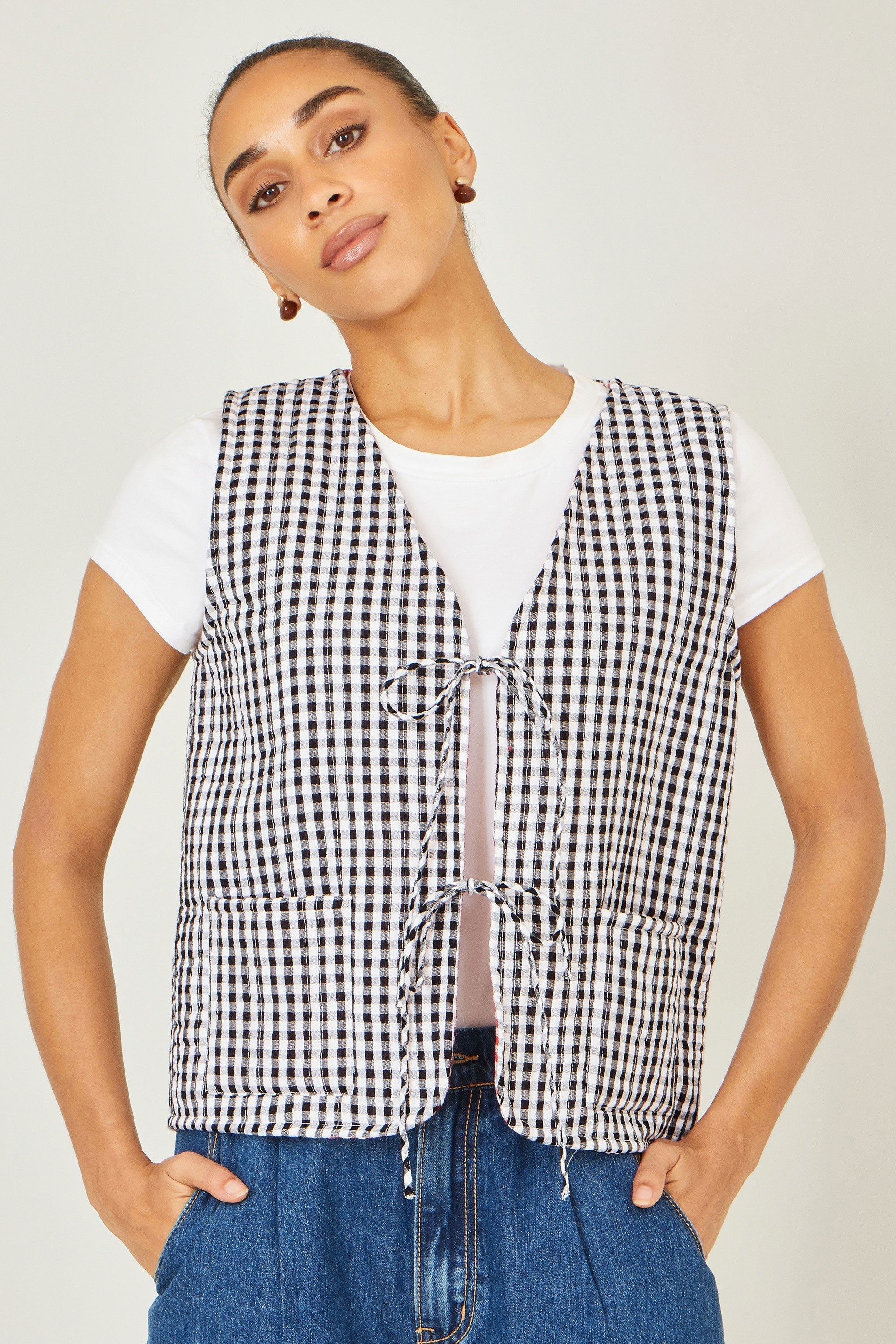 Yumi Black Gingham Reversible Cotton Tie Waistcoat