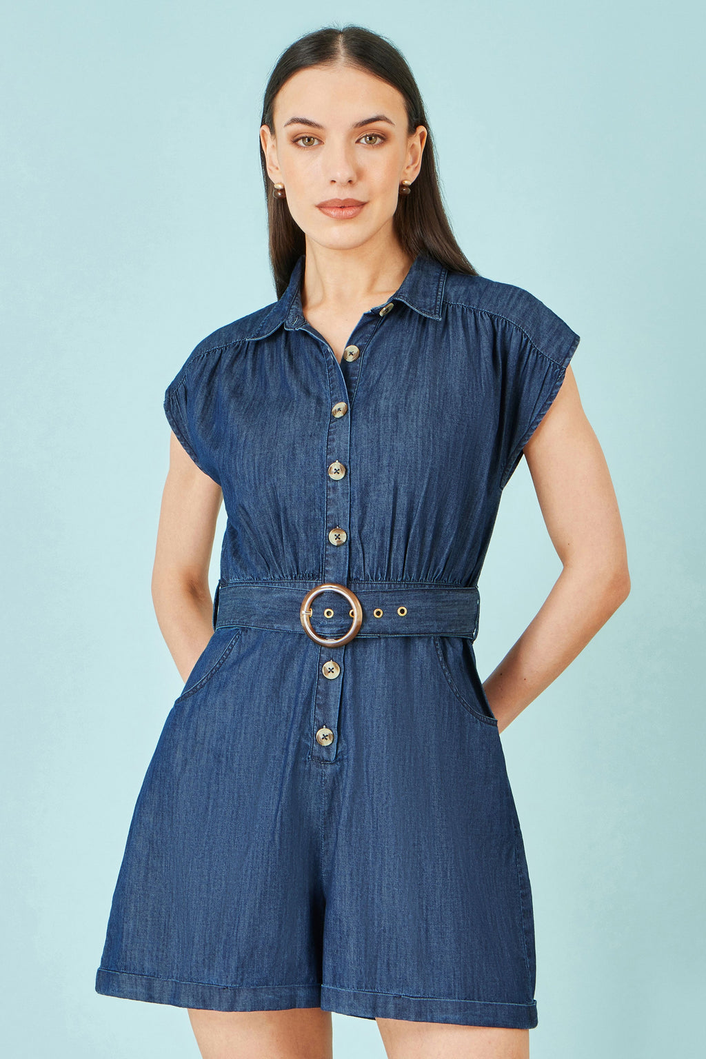 Yumi Blue Chambray Cotton Playsuit