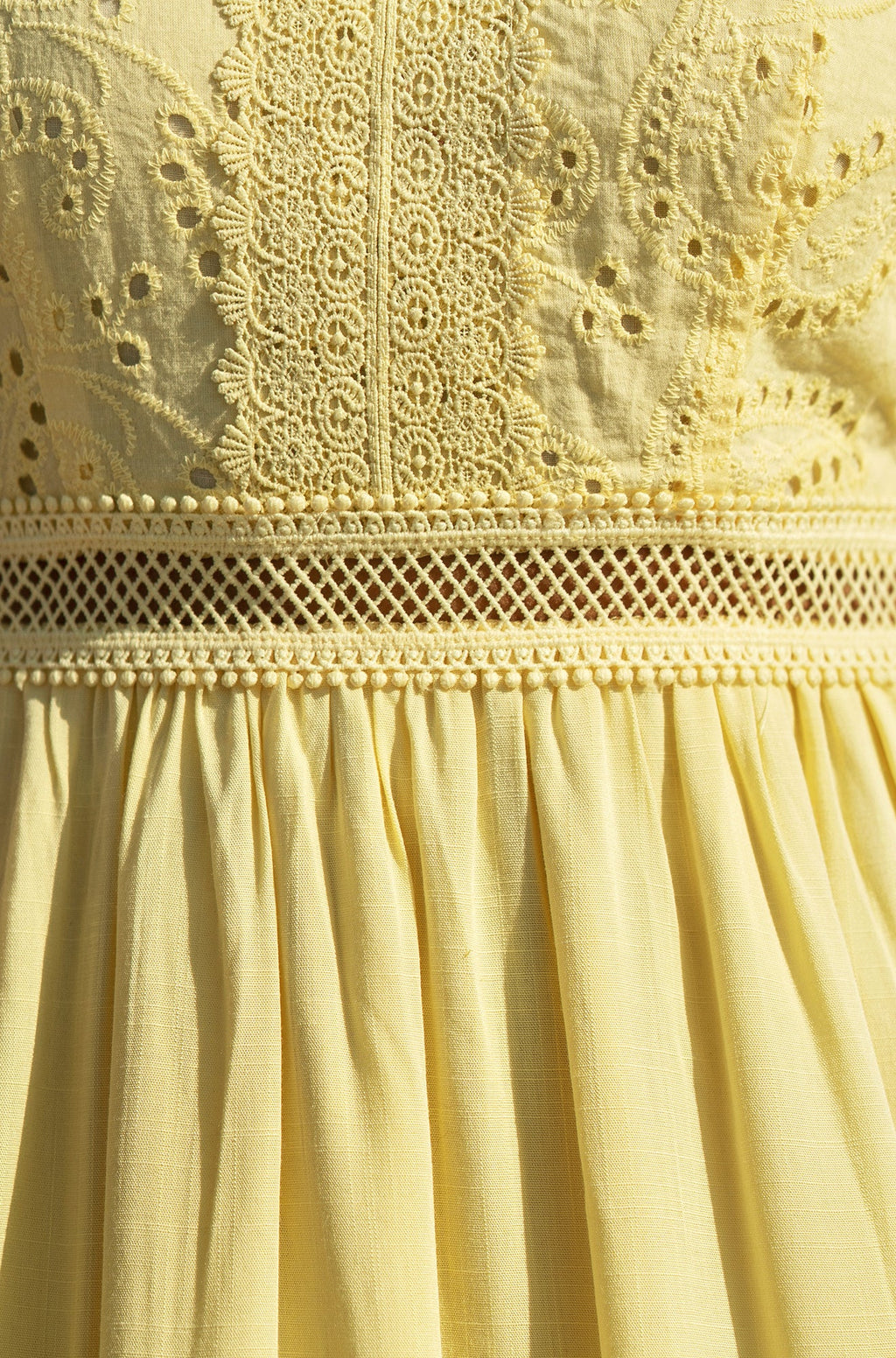 Yumi Butter Yellow Cotton Lace Trim Midi Dress
