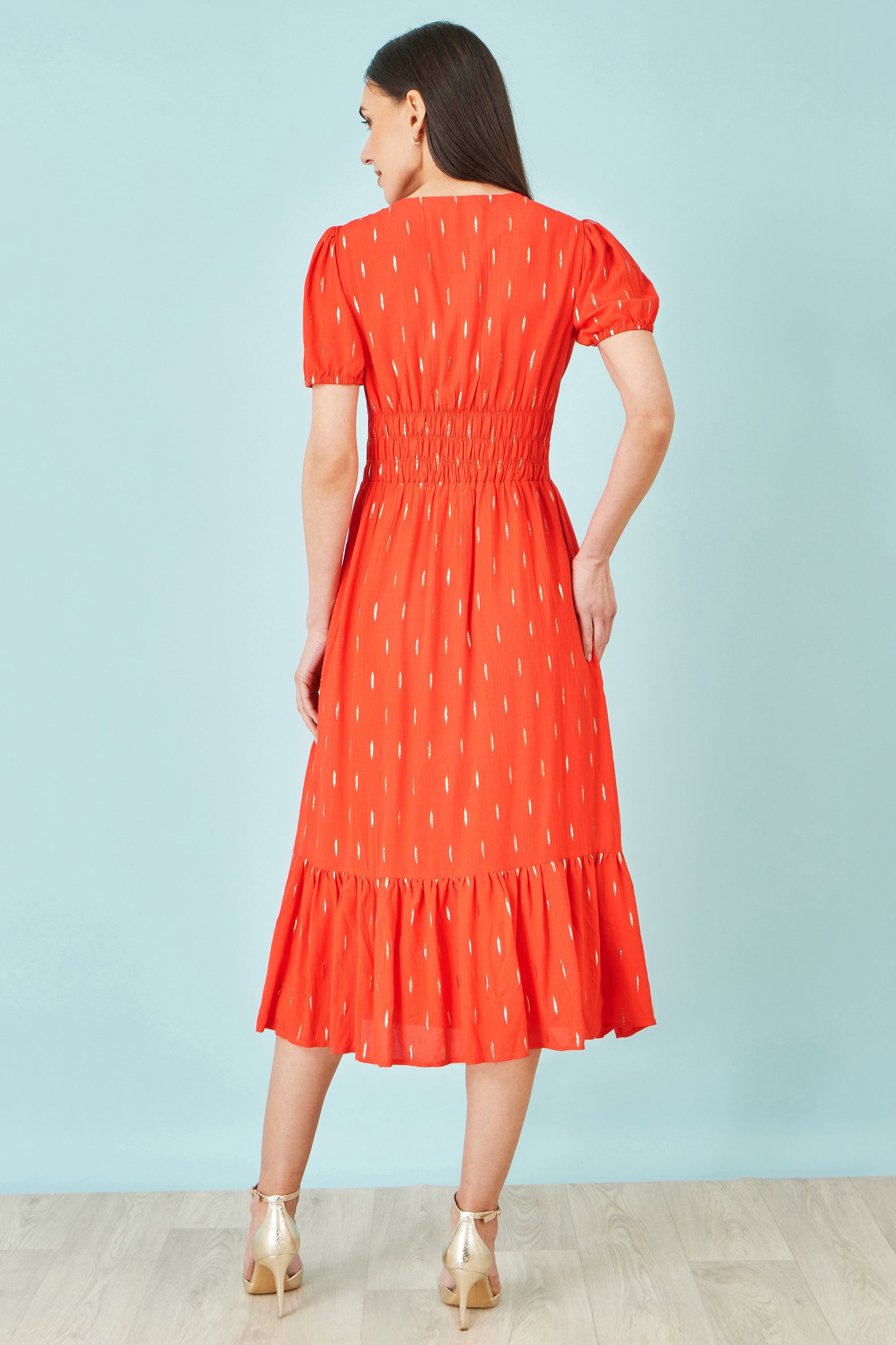 Yumi Orange Foil Print Viscose Cut Out Midi Dress