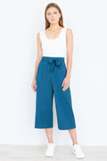 Yumi Teal Linen Mix Cropped Trousers With Tie Belt