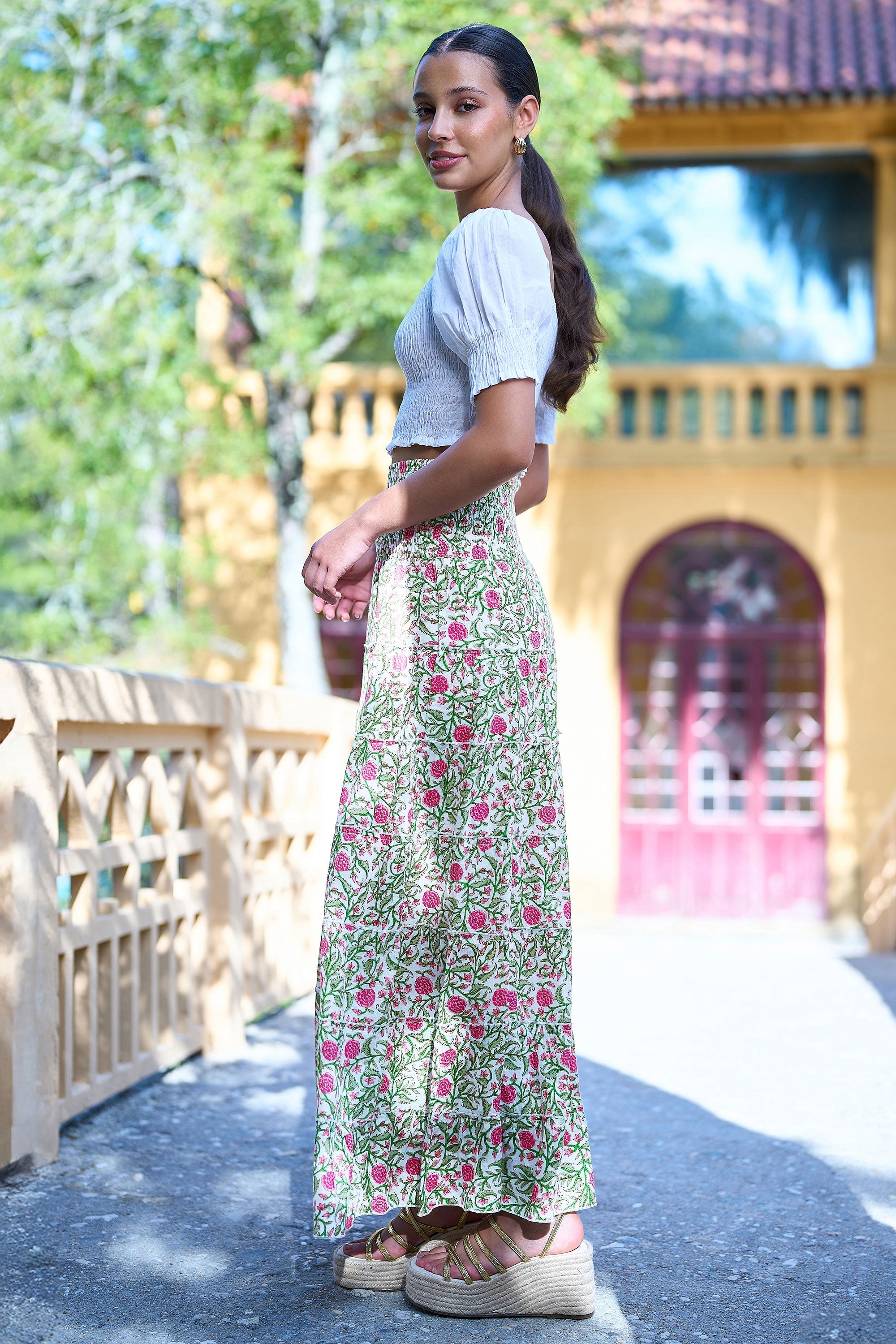 Yumi White Boho Print Cotton Floral Maxi Skirt