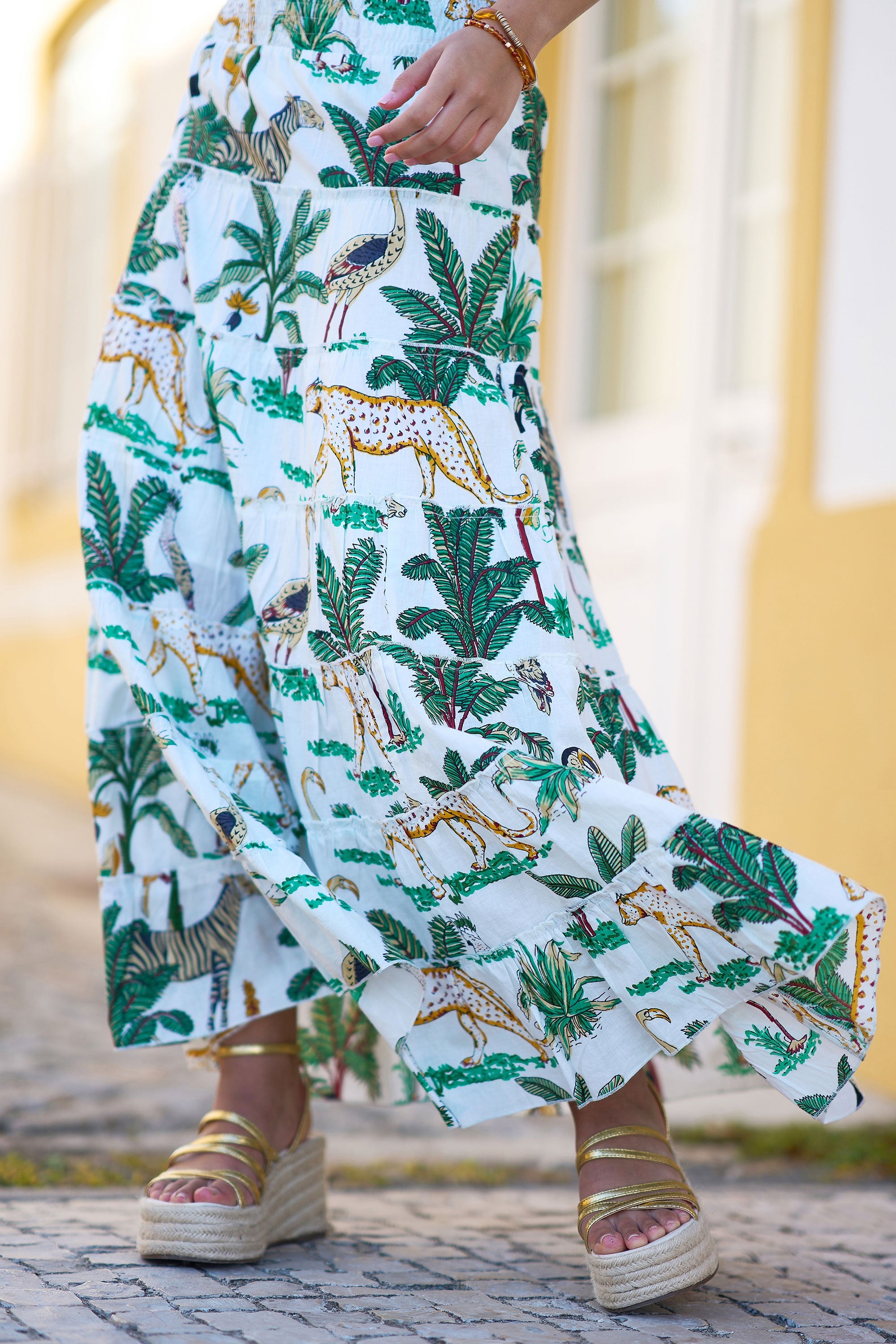 Yumi White Animal Print Cotton Tiered Maxi Skirt