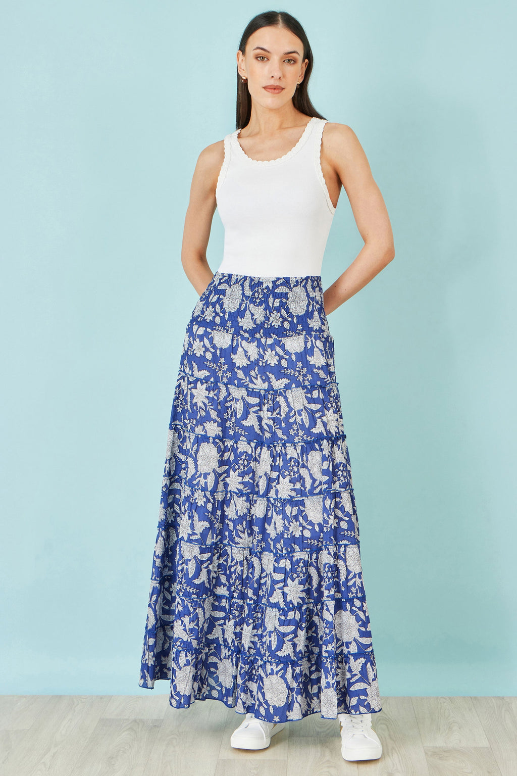 Yumi Blue Floral Cotton Tiered Maxi Skirt