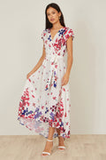 Yumi Ivory Floral Mirror Wrap Dress With Dip Hem