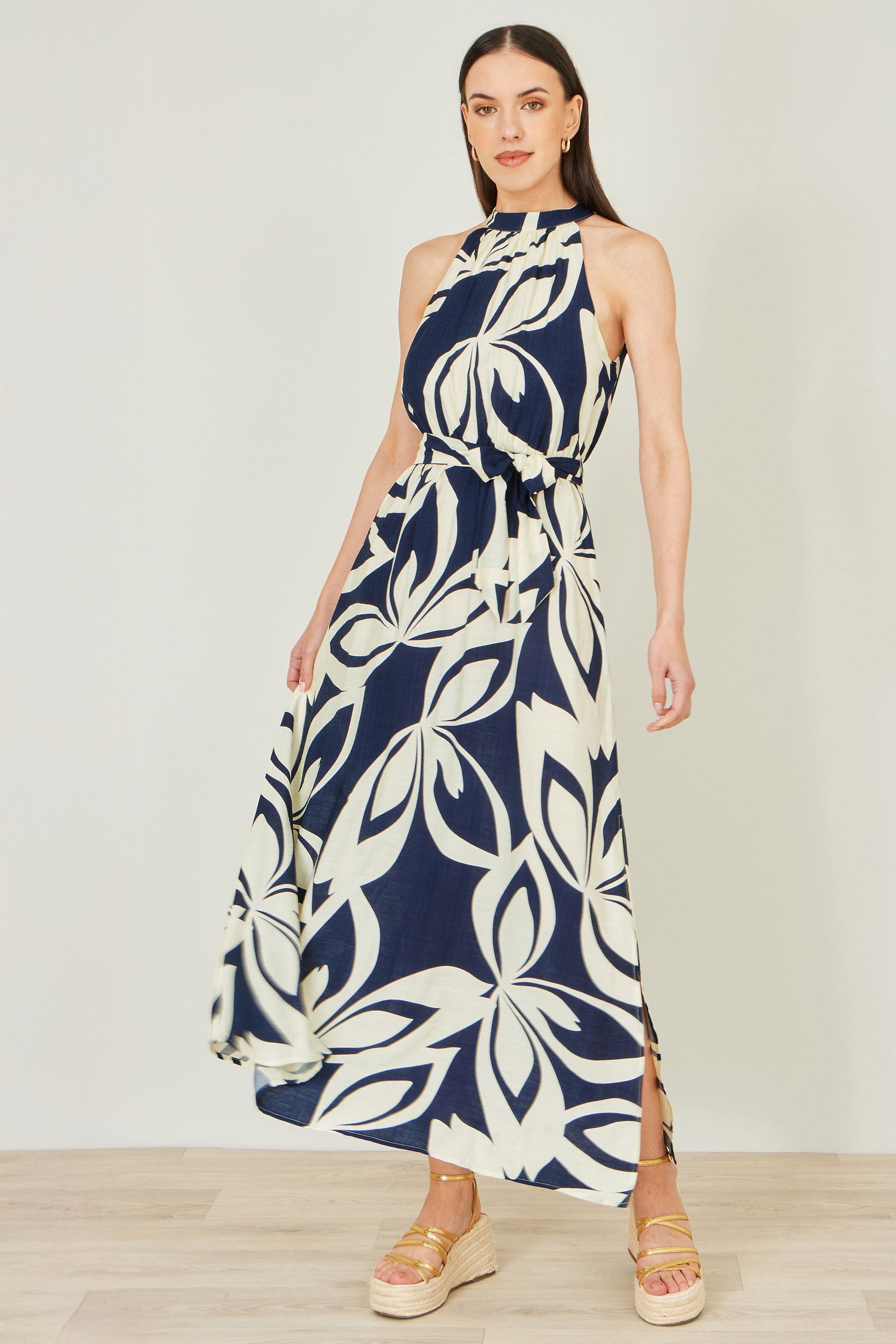 Yumi Navy Geo Swirl Print Halter Maxi Dress