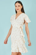 Yumi White Rose Print Wrap Over Frill Dress