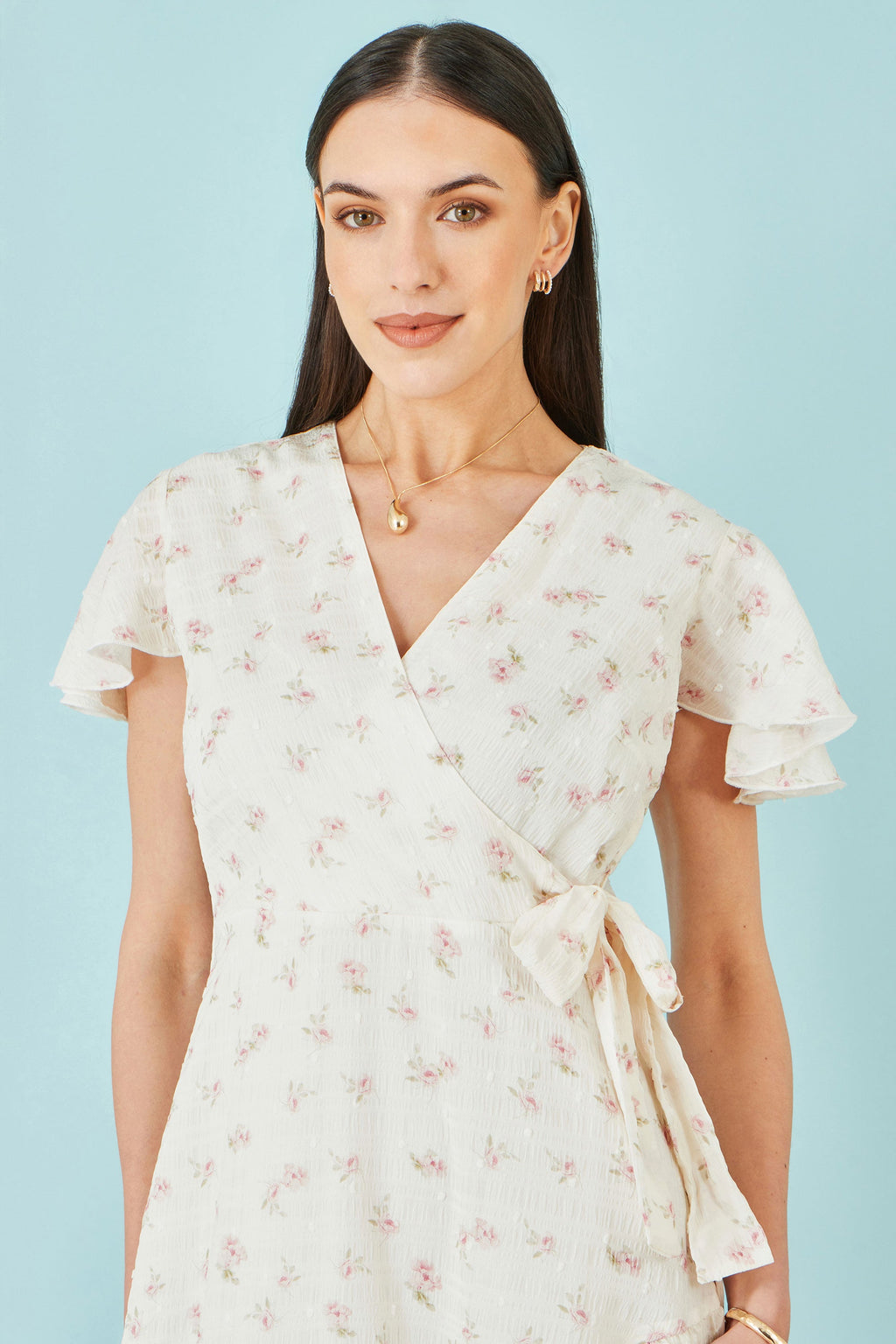 Yumi White Rose Print Wrap Over Frill Dress
