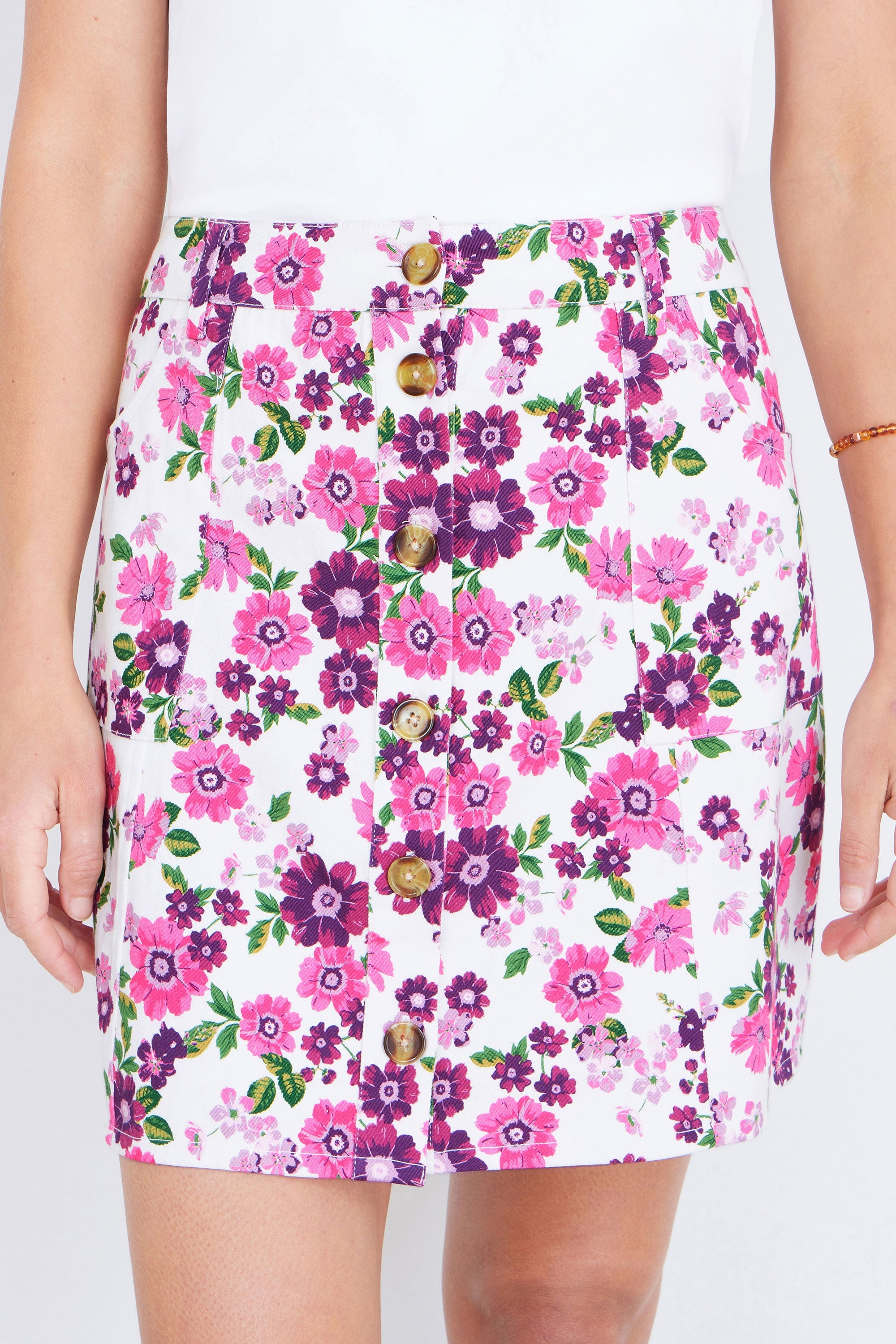 Yumi Pink Retro Floral Cotton Stretch Mini Skirt
