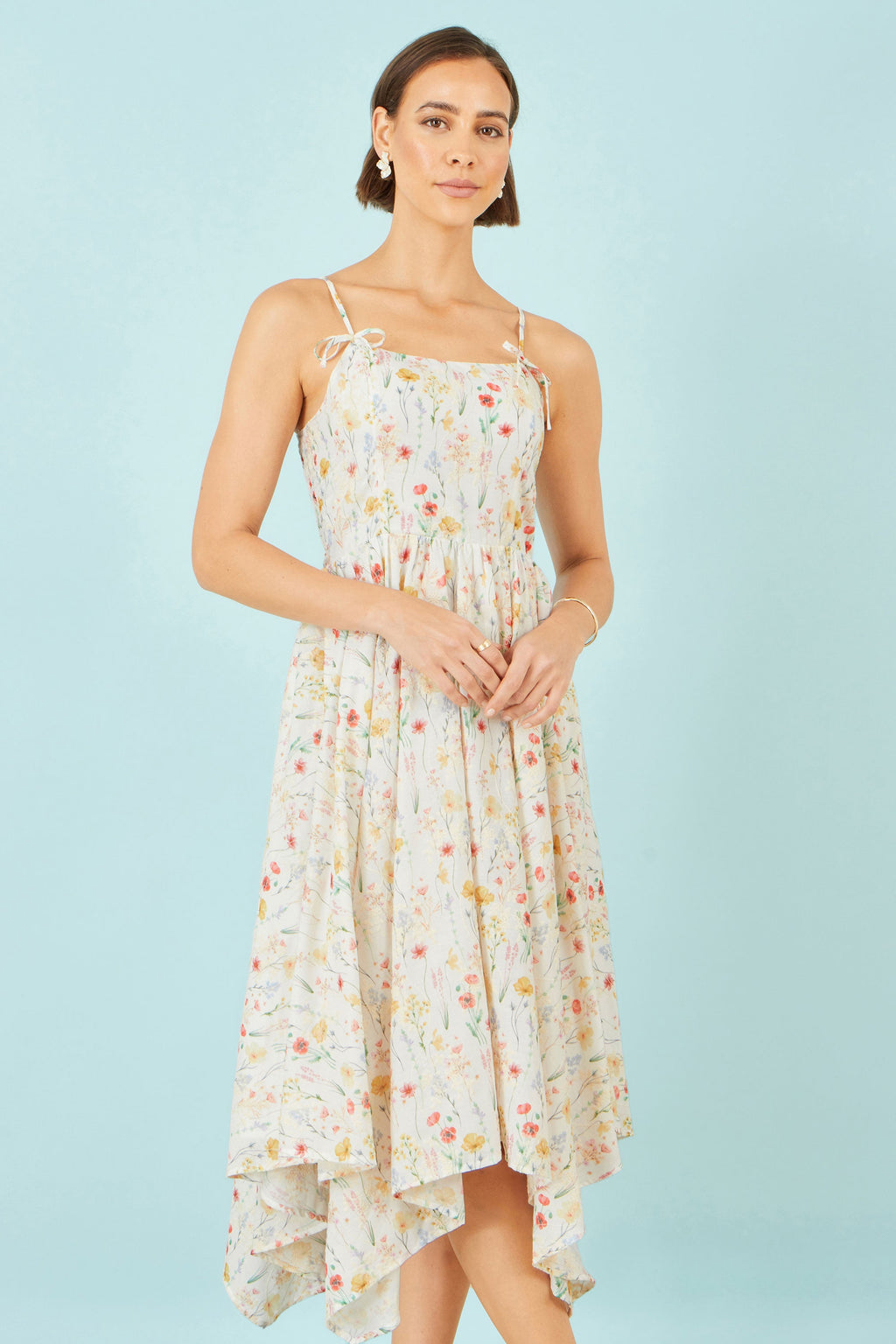 Yumi White Botanical Embroidery Fabric Handkerchief Hem Dress