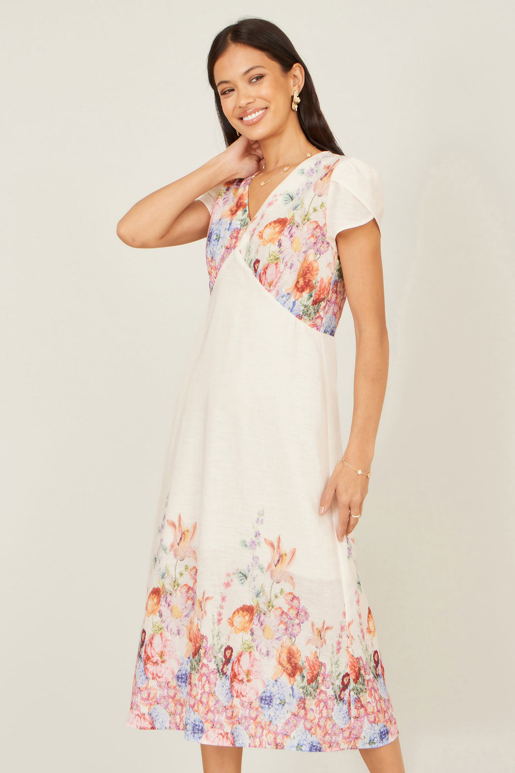 Yumi Pink Border Floral Midi Dress