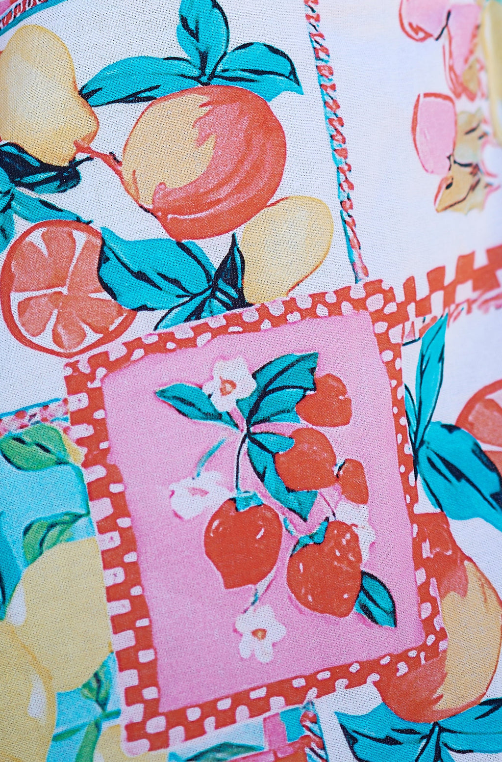 Yumi Multicolour Fruit Print Midi Sun Dress Ruched Back