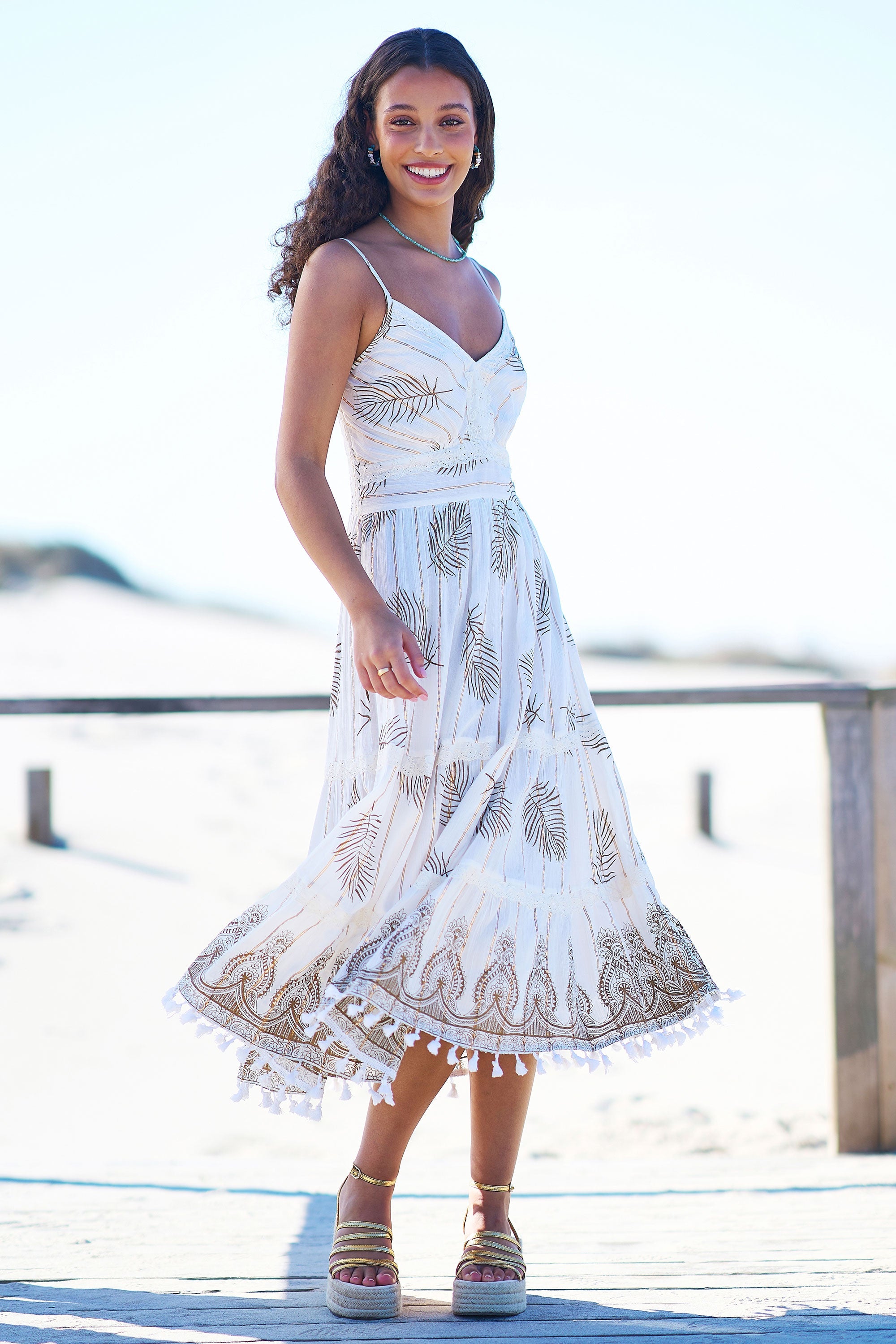 Yumi Ivory Foil Print Midi Sun Dress With Lace Trims