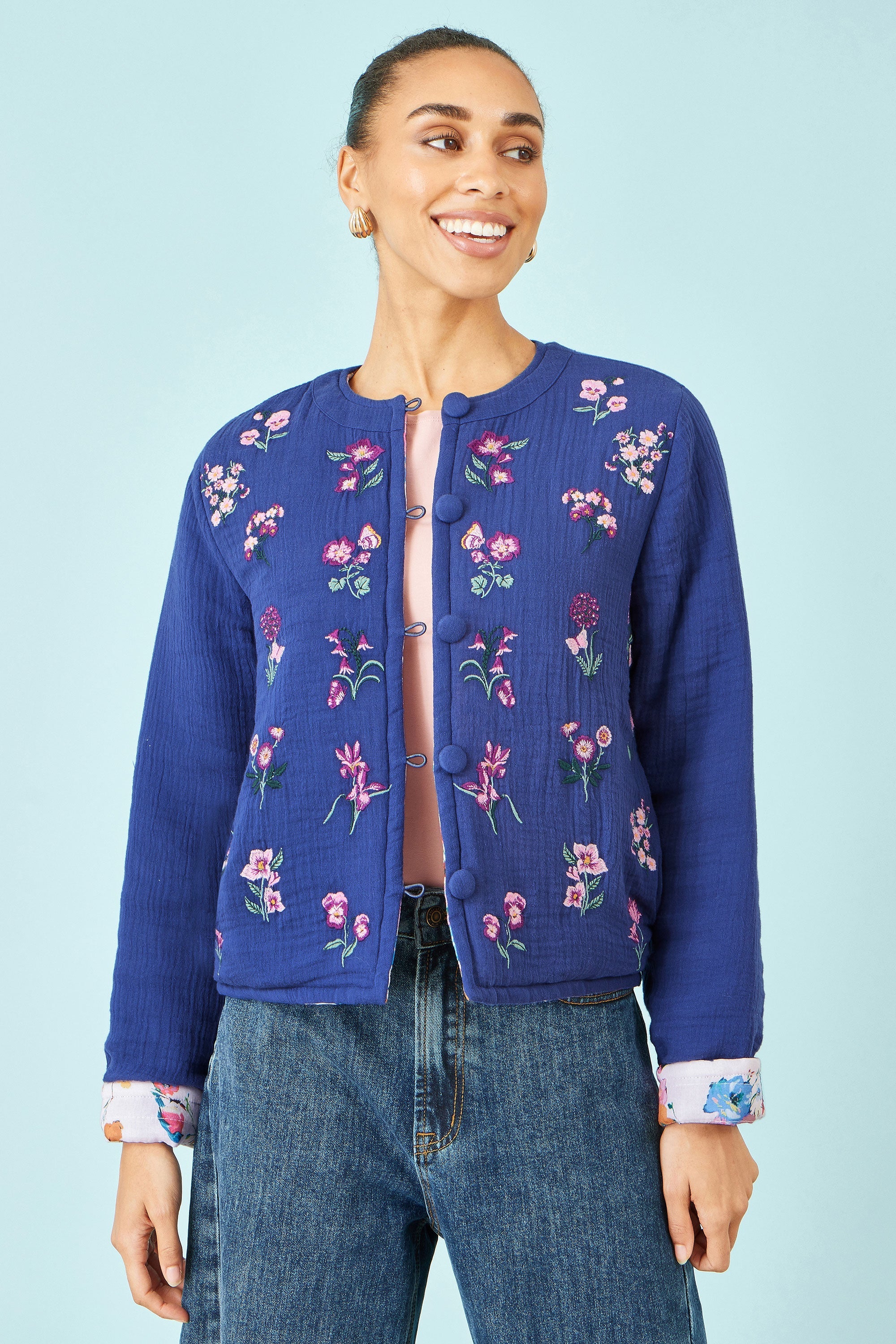 Yumi Blue Floral Embroidery Cotton Jacket