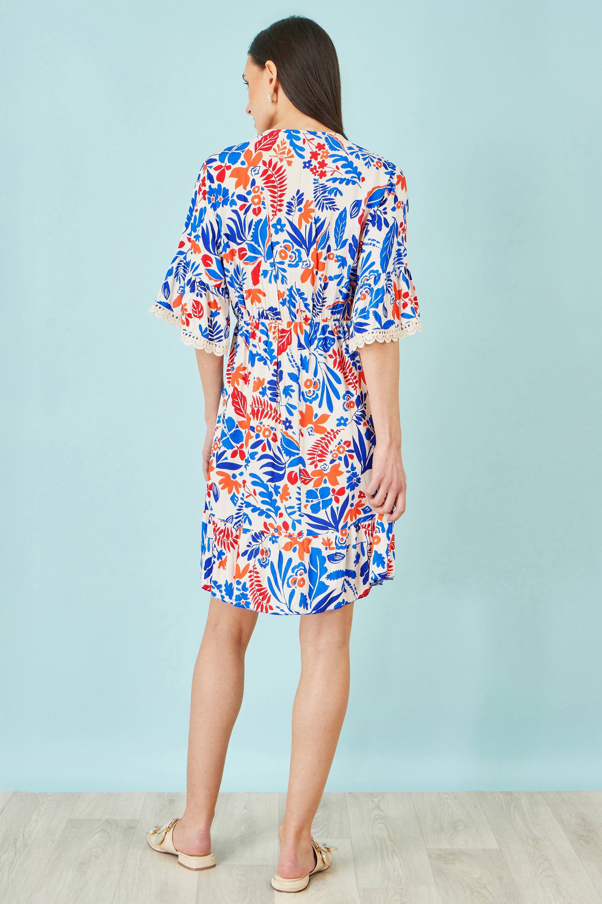 Yumi Multicolour Leaf Print Viscose Kimono Sleeve Tunic