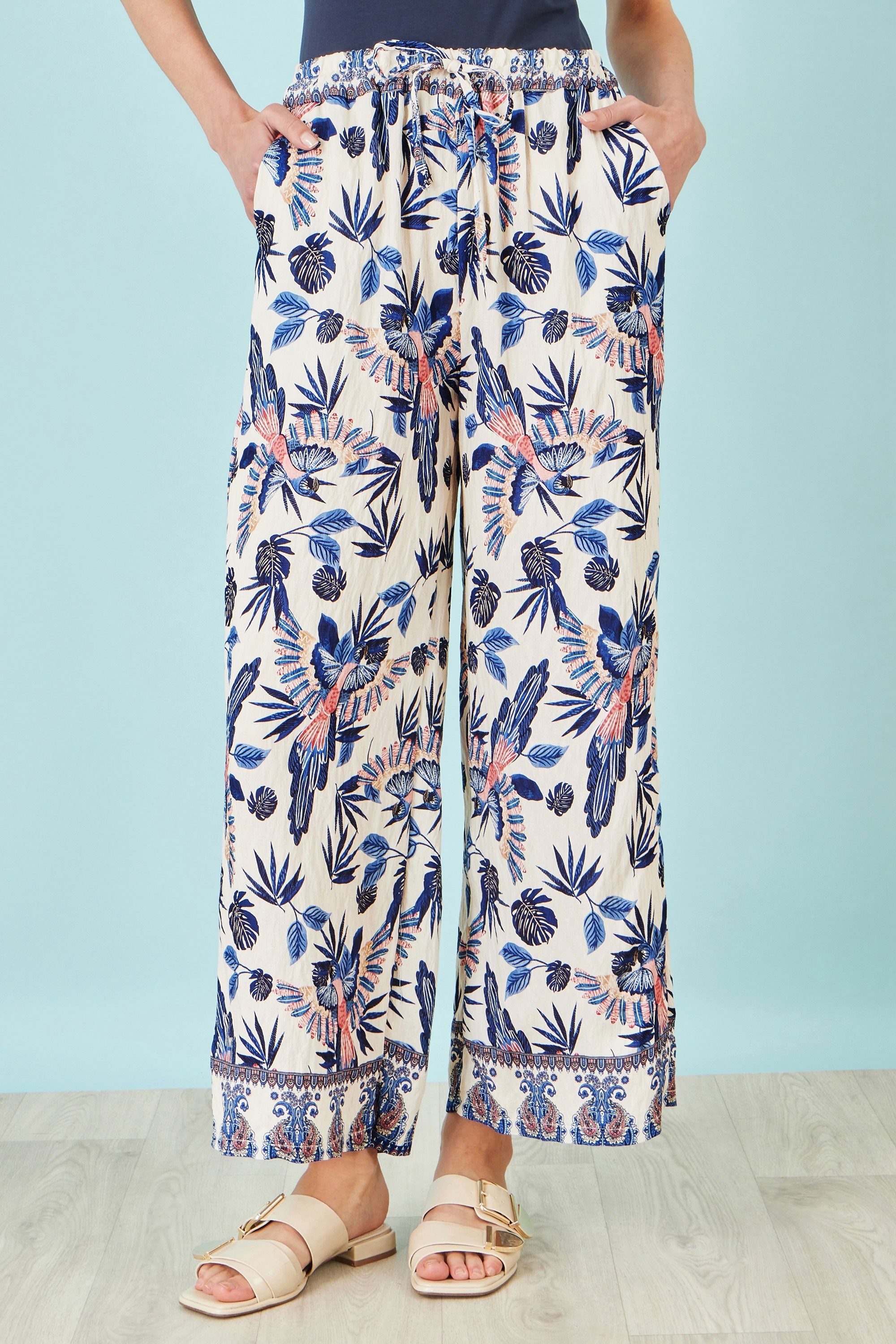 Yumi Blue Bird Print Viscose Wide Leg Trousers
