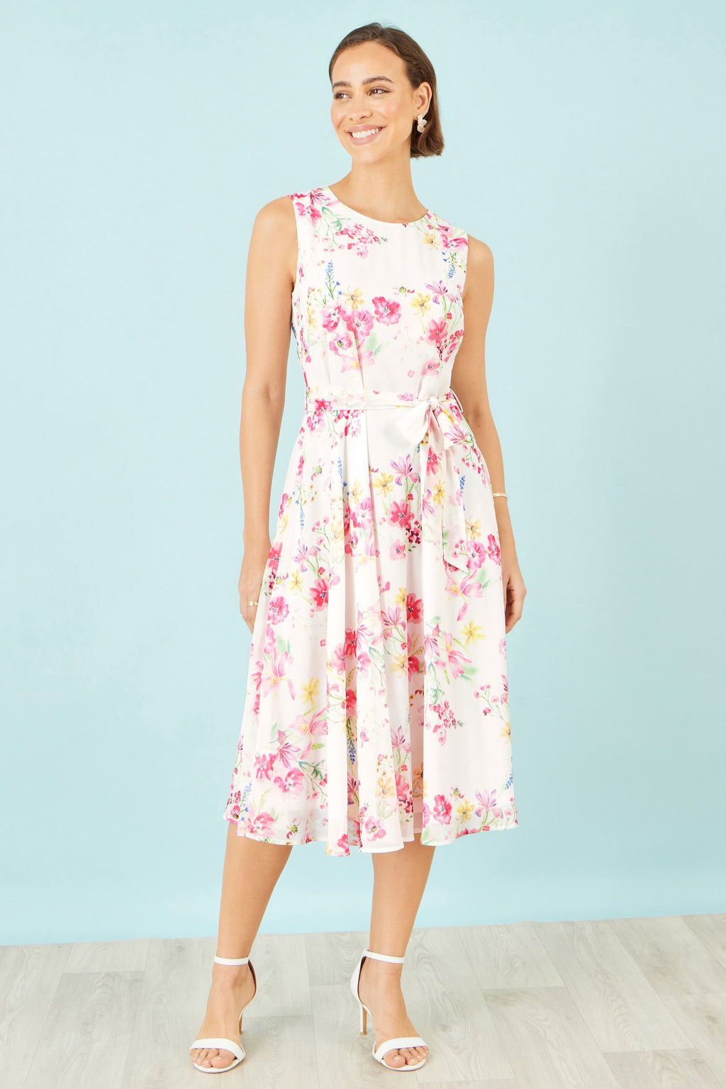 Yumi White Delicate Floral Midi Skater Dress