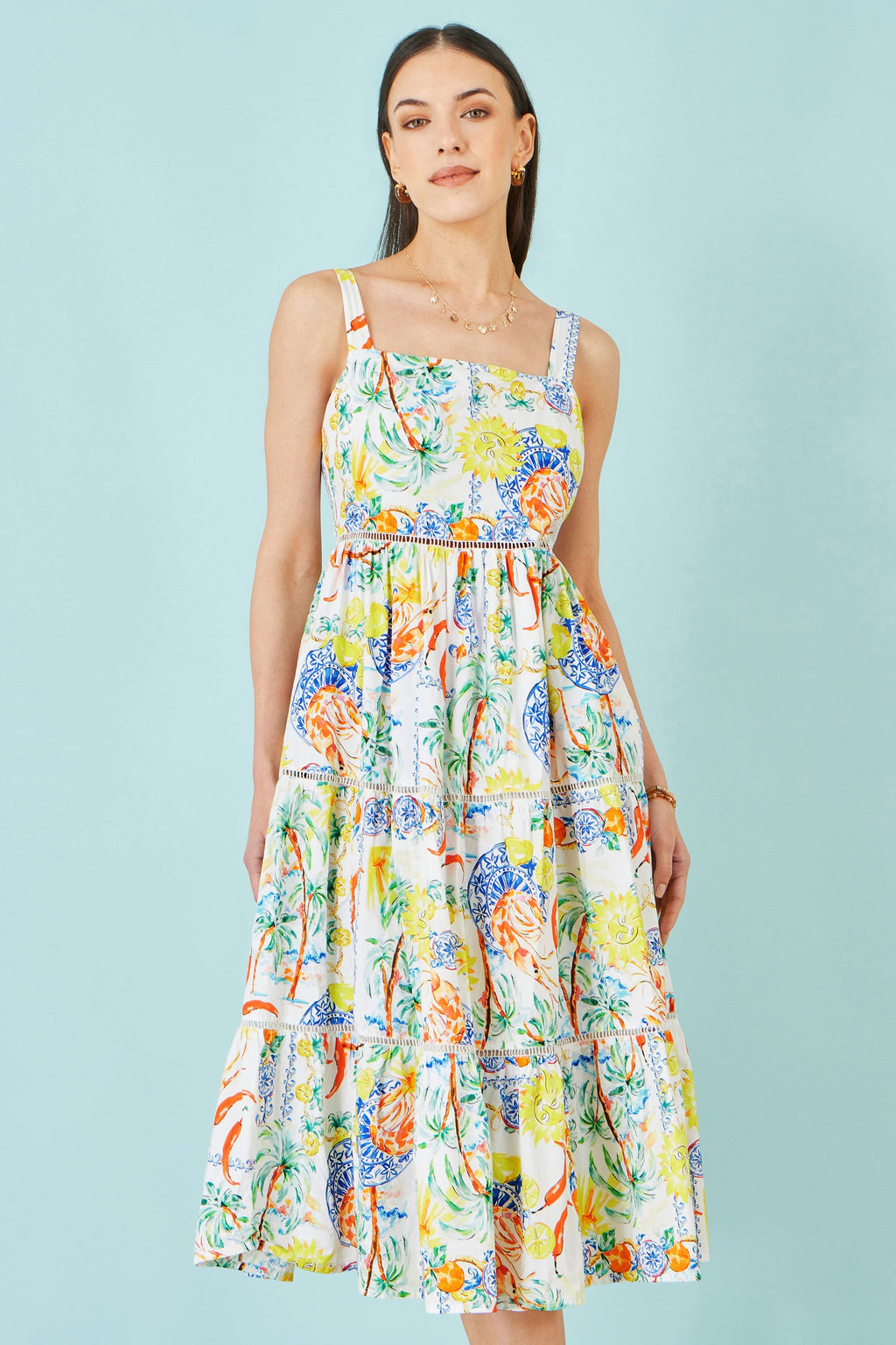 Yumi White Mediterranean Print Cotton Midi Sun Dress