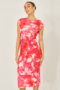 Yumi Red Mesh Ruched Bodycon Midi Dress