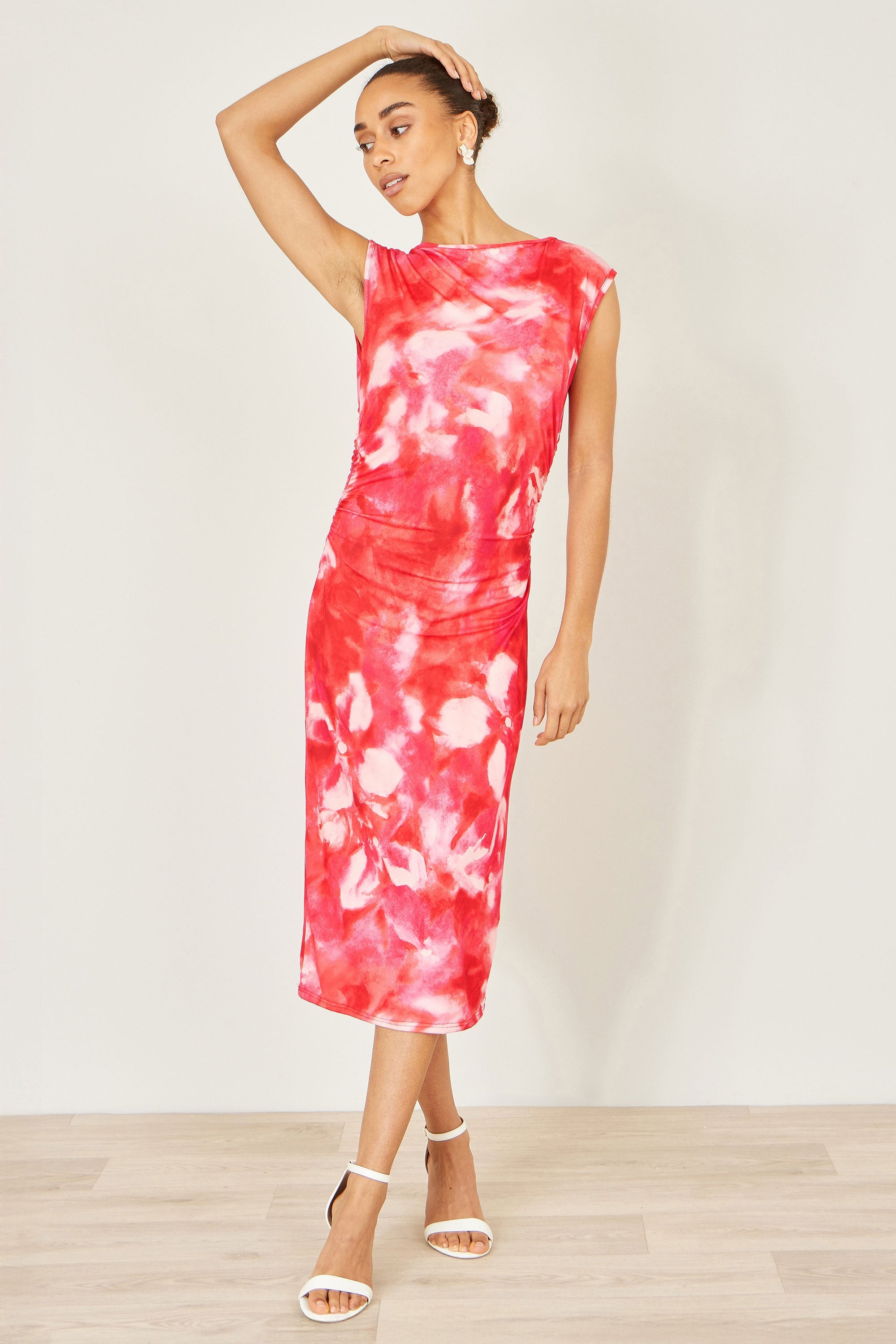 Yumi Red Mesh Ruched Bodycon Midi Dress