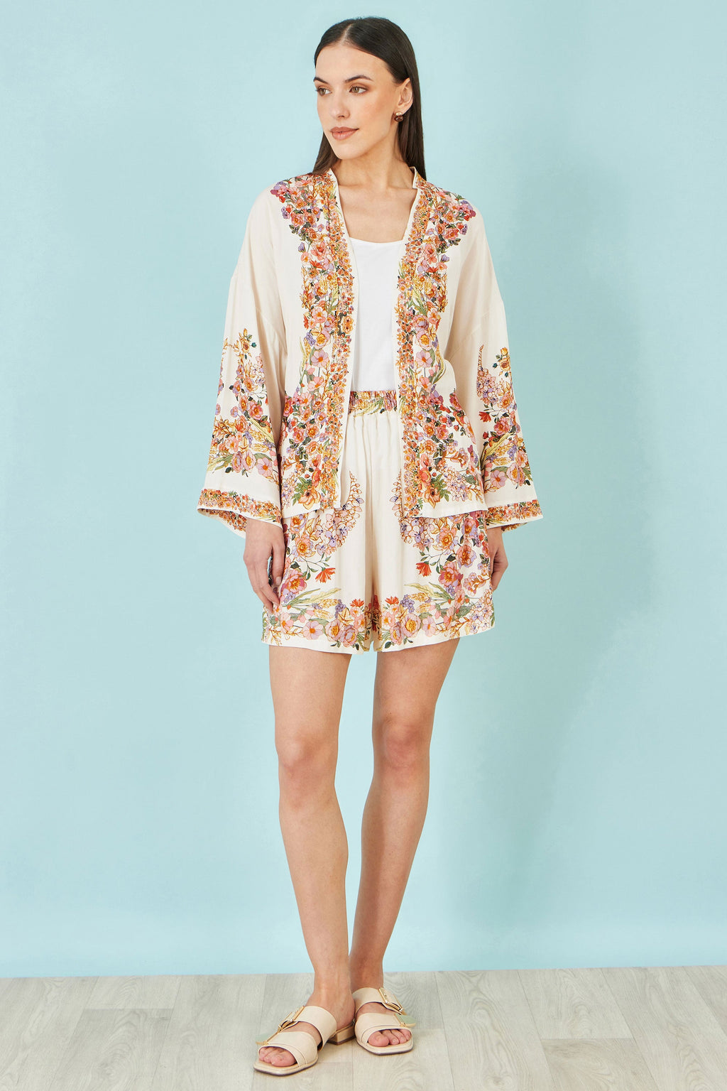 Yumi Ivory Viscose Floral Border Shorts