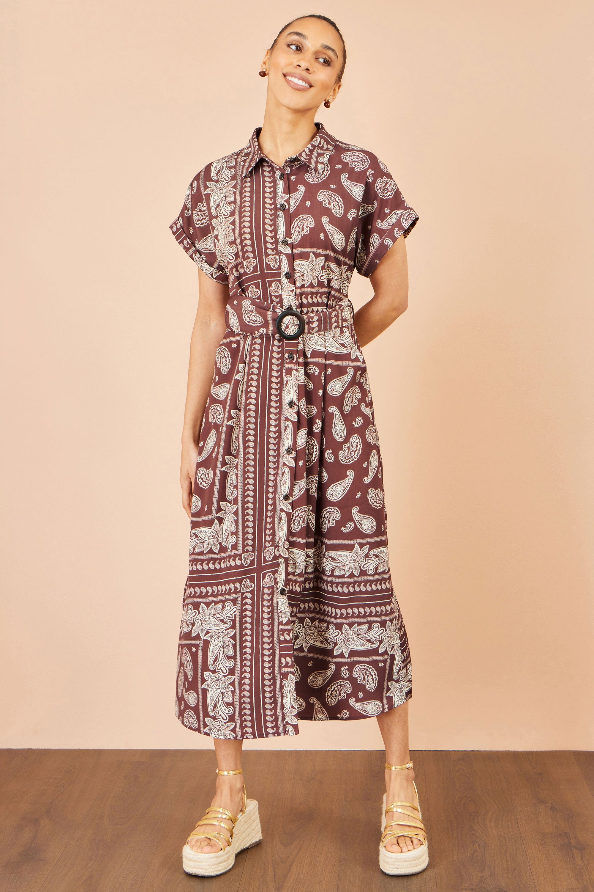 Yumi Brown Scarf Print Midi Shirt Dress