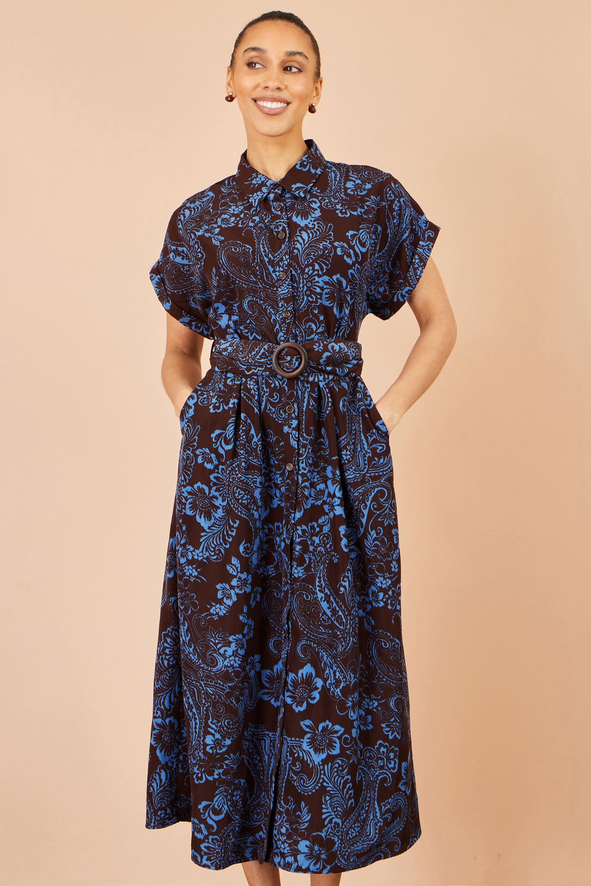 Yumi Brown Paisley Midi Shirt Dress