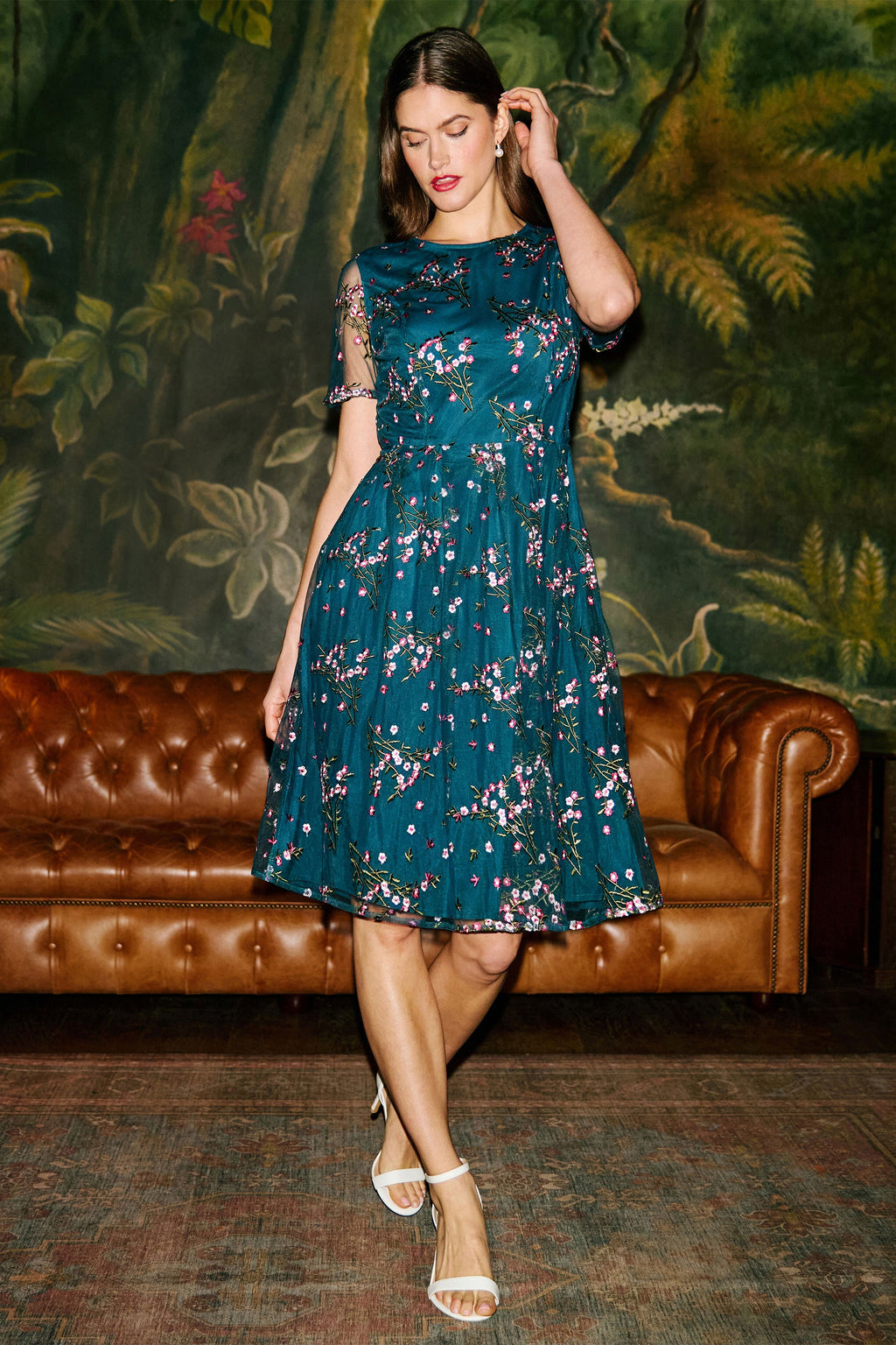 Yumi Teal Embroidered Floral Mesh Prom Dress