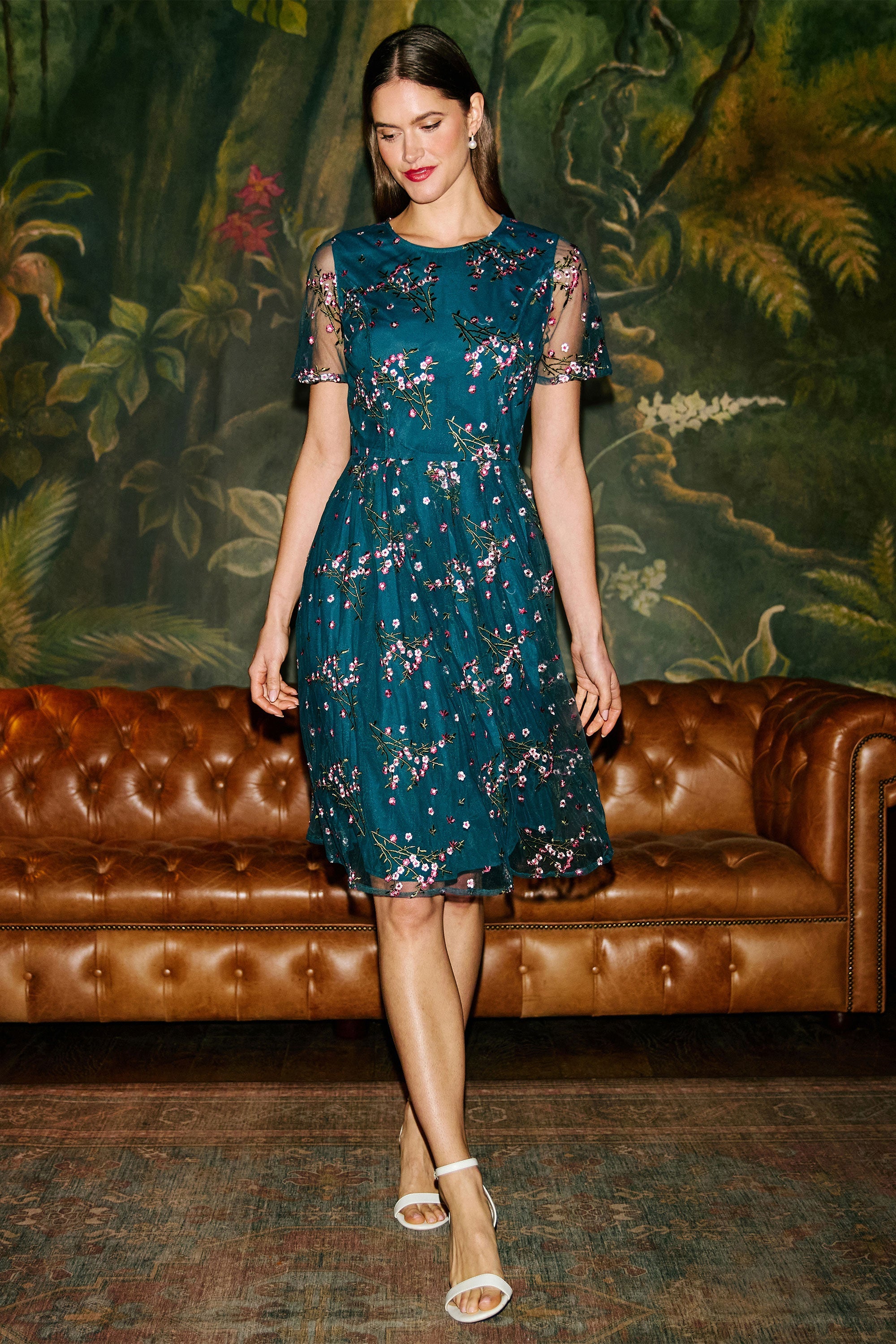 Yumi Teal Embroidered Floral Mesh Prom Dress
