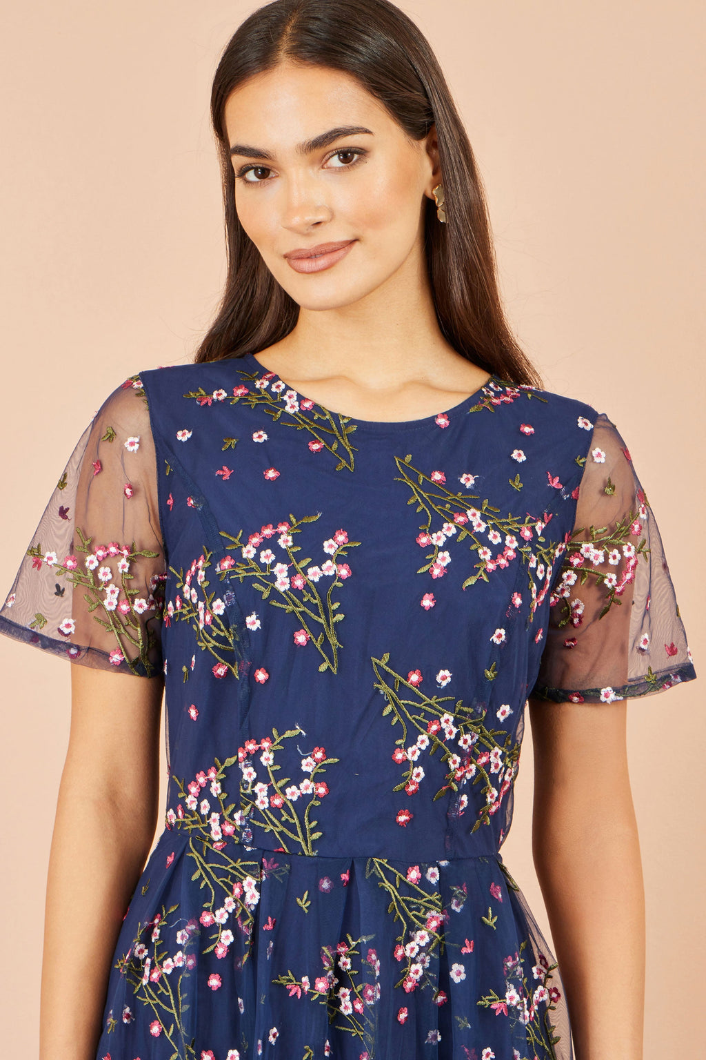 Yumi Navy Embroidered Floral Mesh Prom Dress